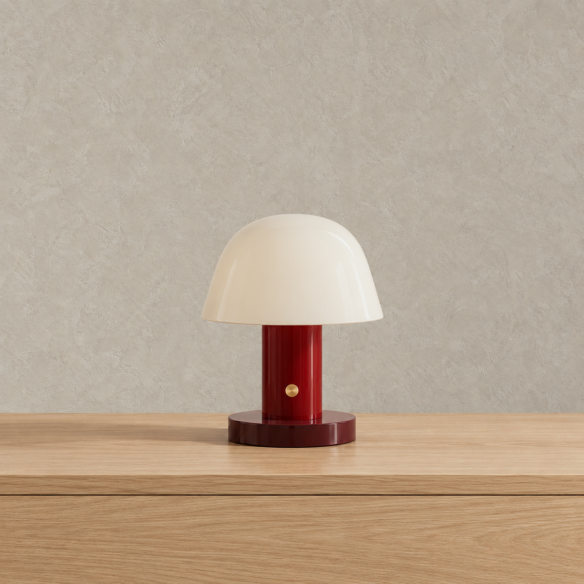 Cesarno red + deep red rechargeable table lamp switched off showing its mushroom dome