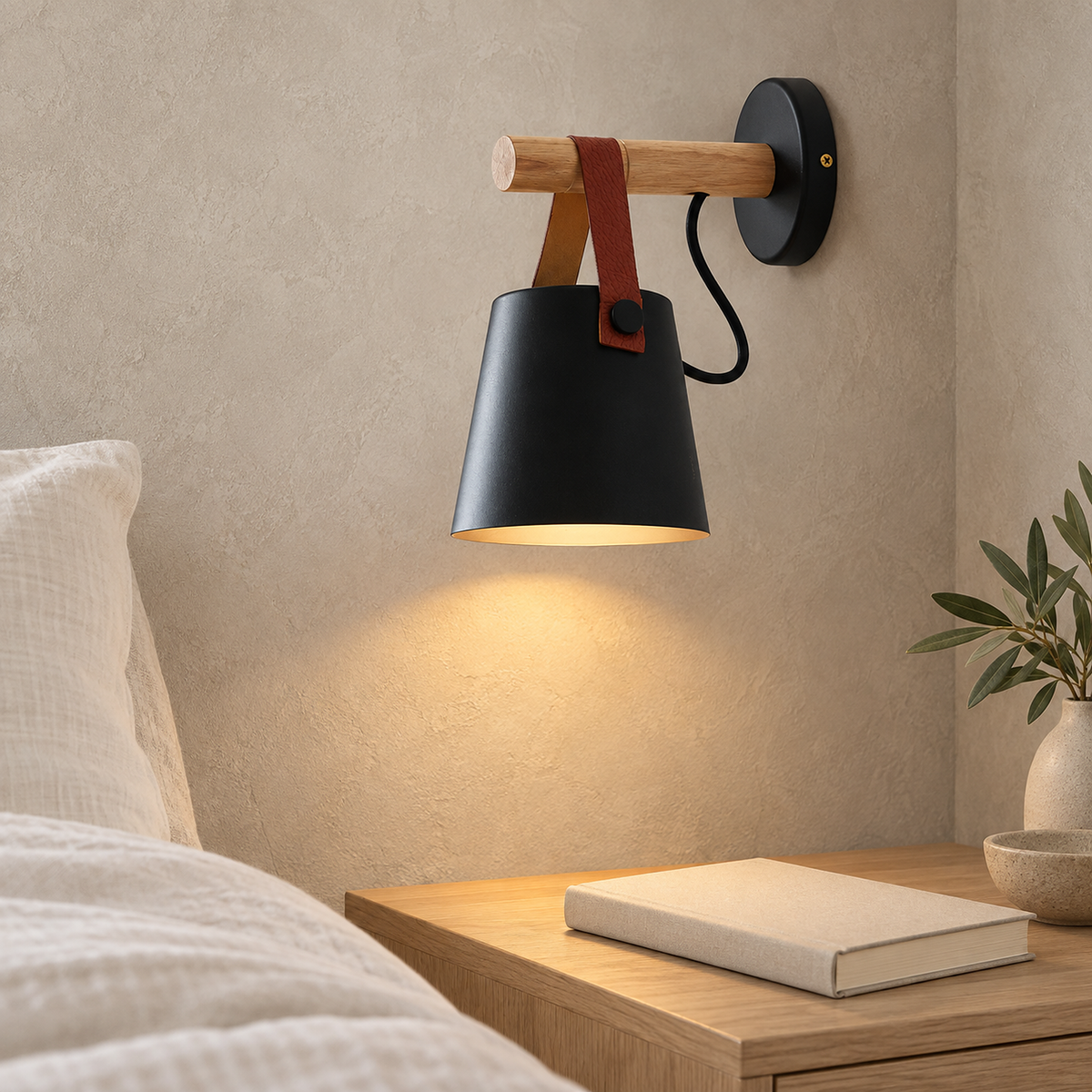 Cilarno black bedside wall light glowing above a compact sleeping alcove in a daylit studio