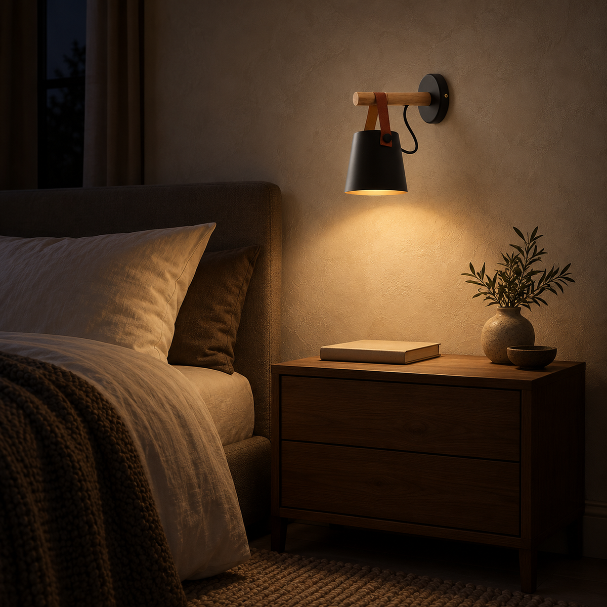 Cilarno black bedside wall light washing plaster above a bedroom nightstand at night
