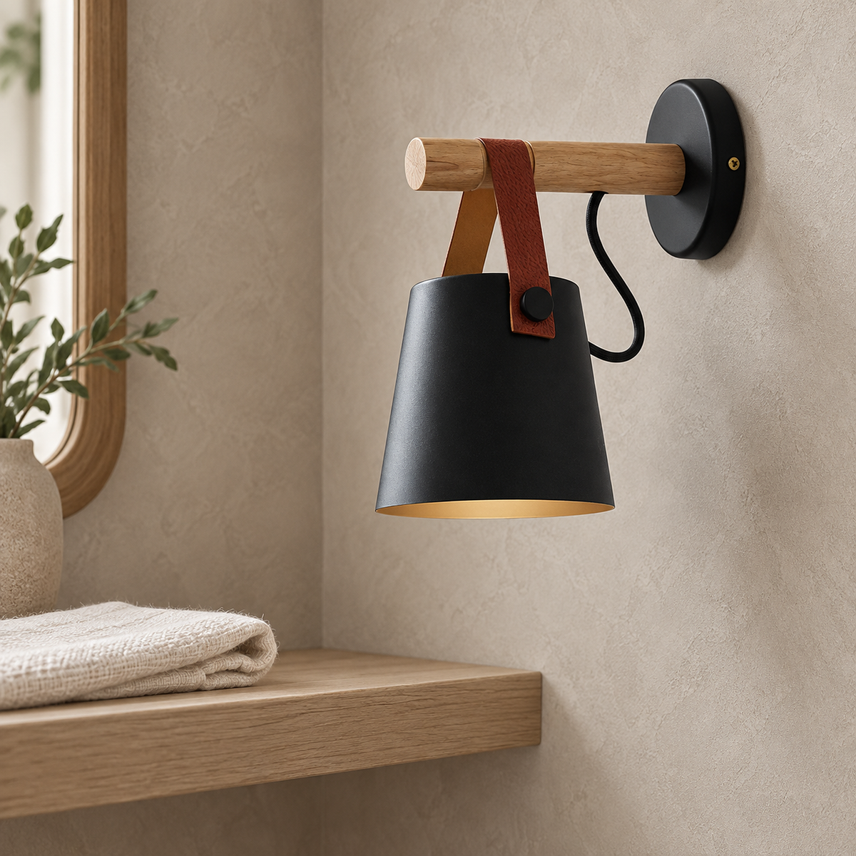 Cilarno black wall lamp close up of wood grain, decorative strap and painted shade