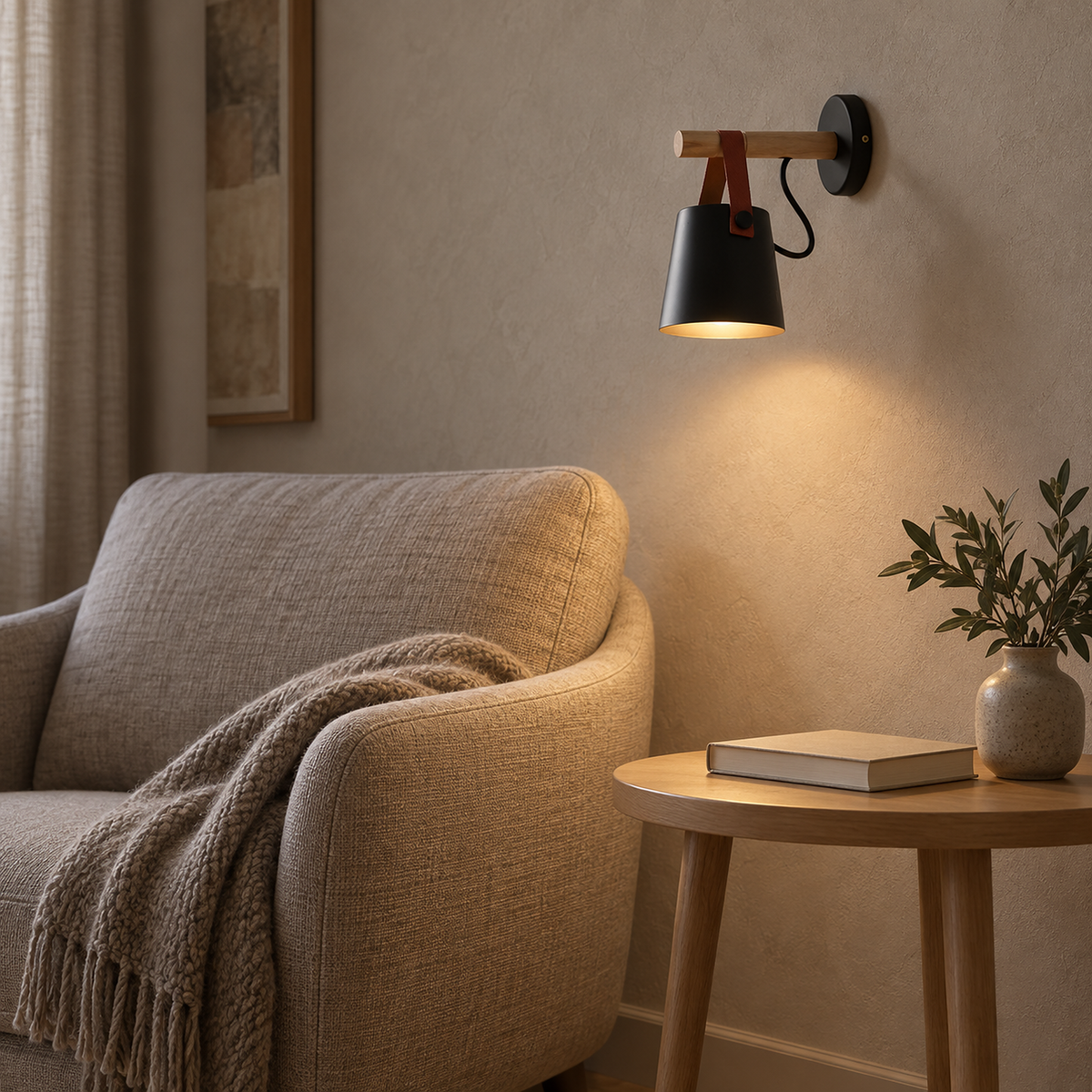 Cilarno black wall lamp lit beside an oatmeal armchair in a reading nook at dusk