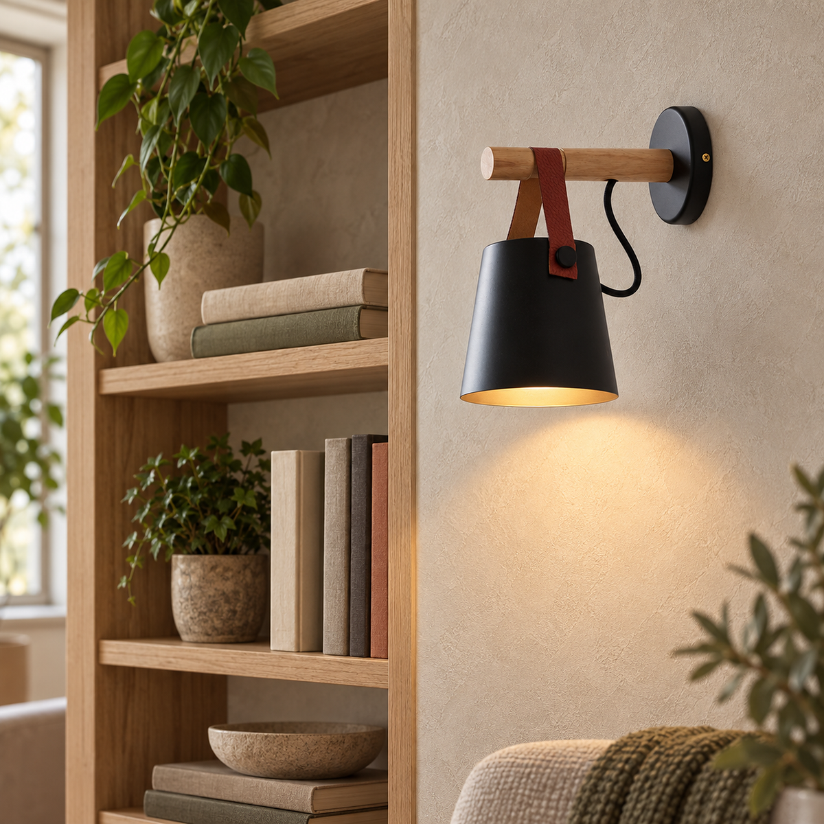 Cilarno black wall light detail of the round wall base and matching cable in a library