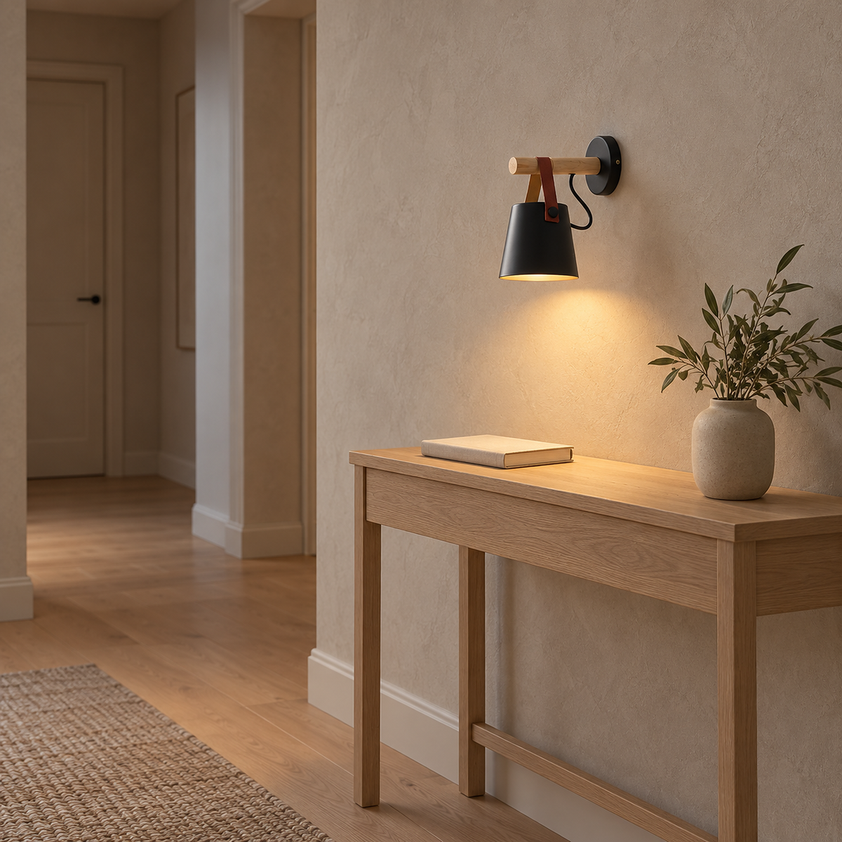 Cilarno black wall light in a hallway sending its beam straight down the plaster