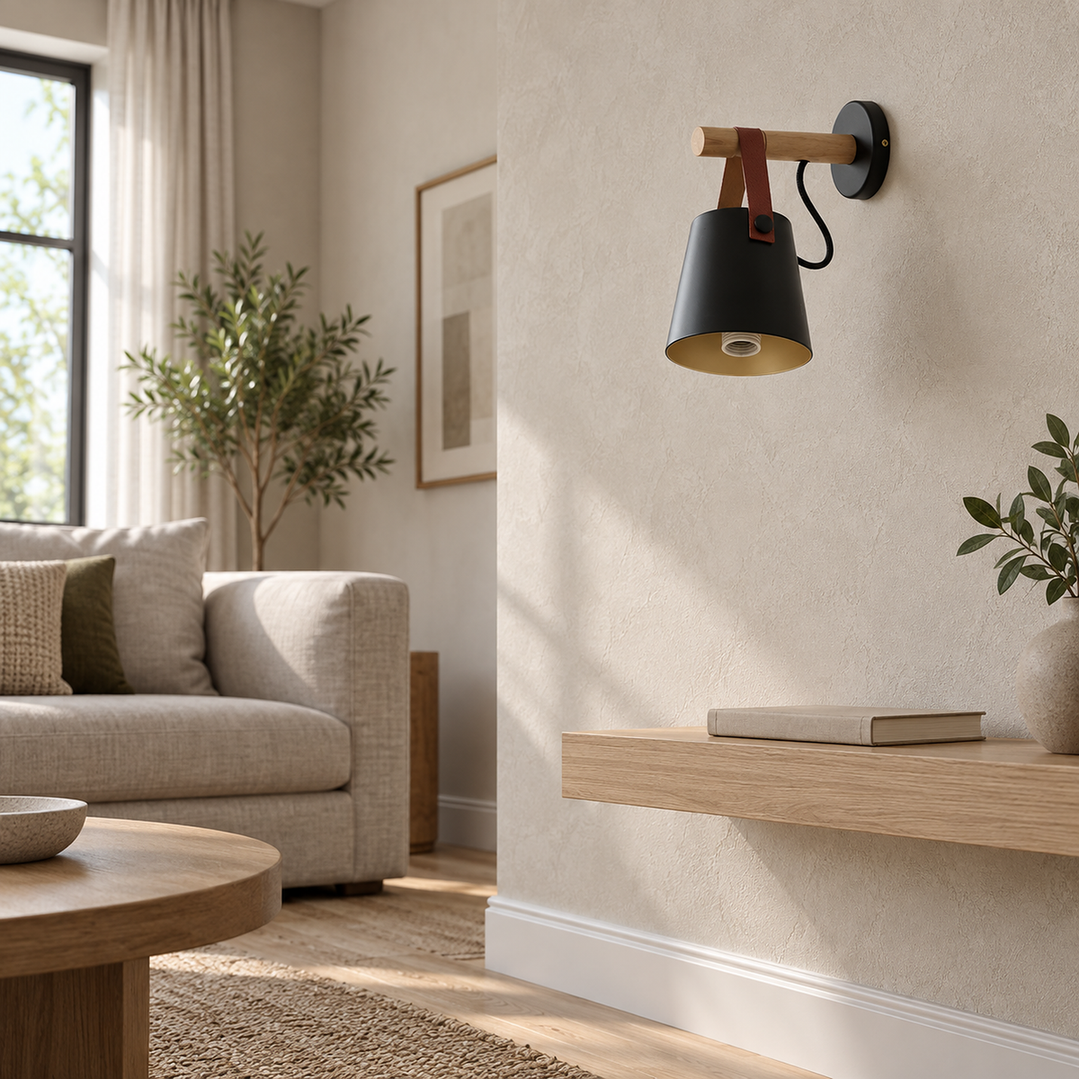 Cilarno black wall sconce with open shade and empty E27 socket, bulb not included