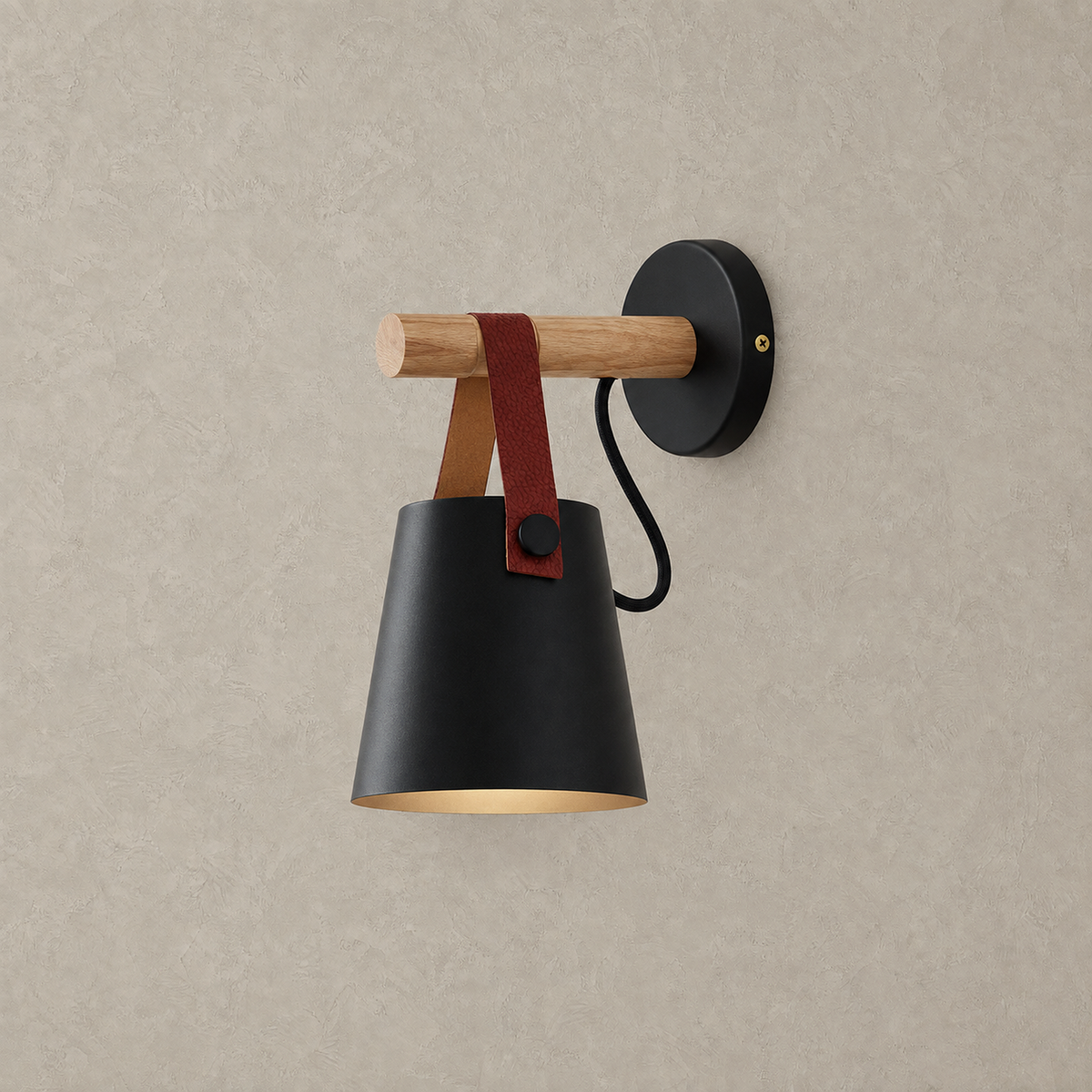 Cilarno black wood arm wall sconce, unlit plate view of the wooden arm and round wall base