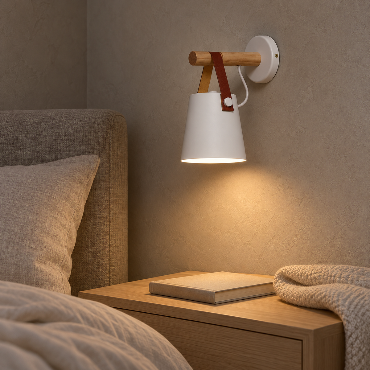 Cilarno white bedside wall light casting a soft glow beneath its painted shade #color_white