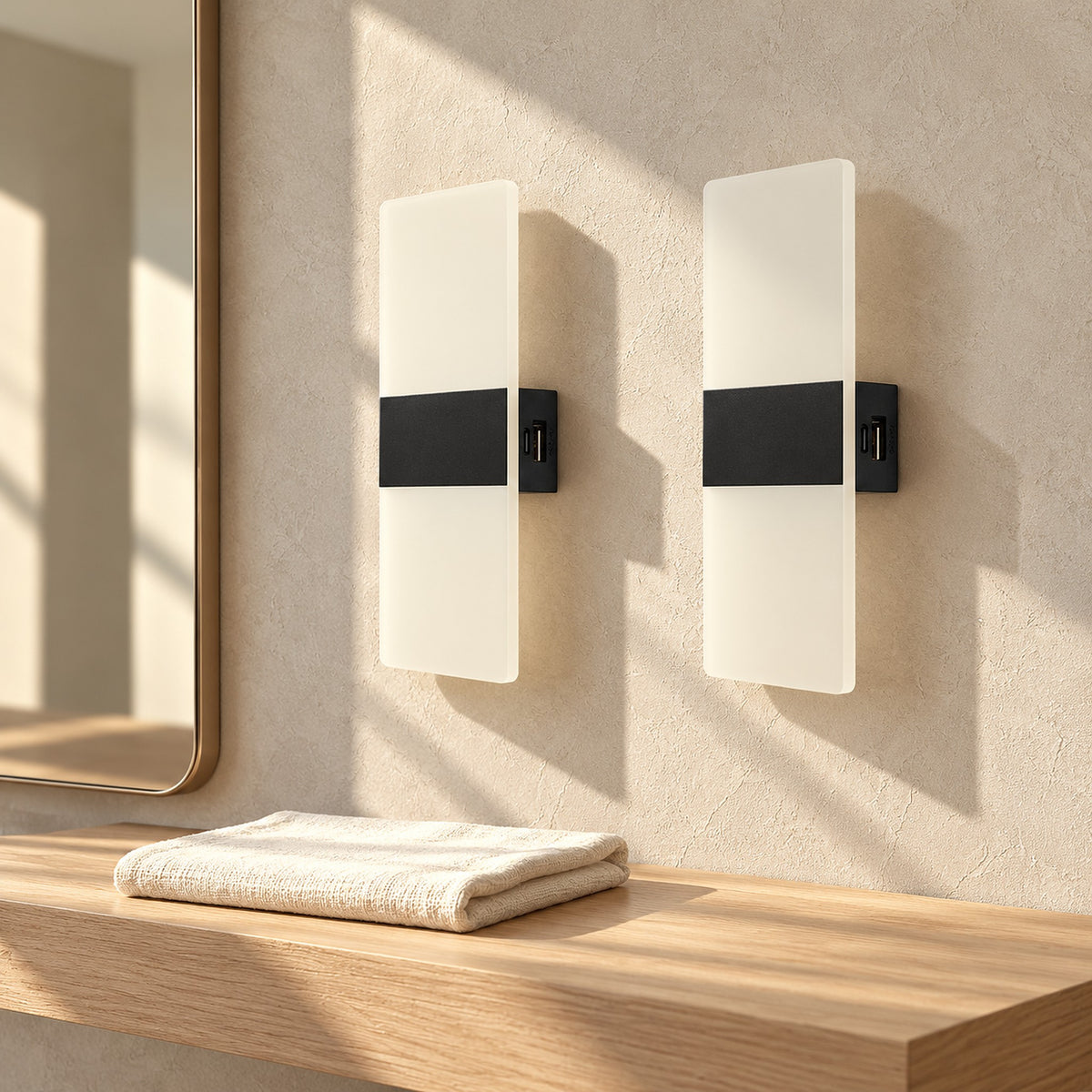Ciloreva black wall lamp pair switched off in a dressing room in direct daylight