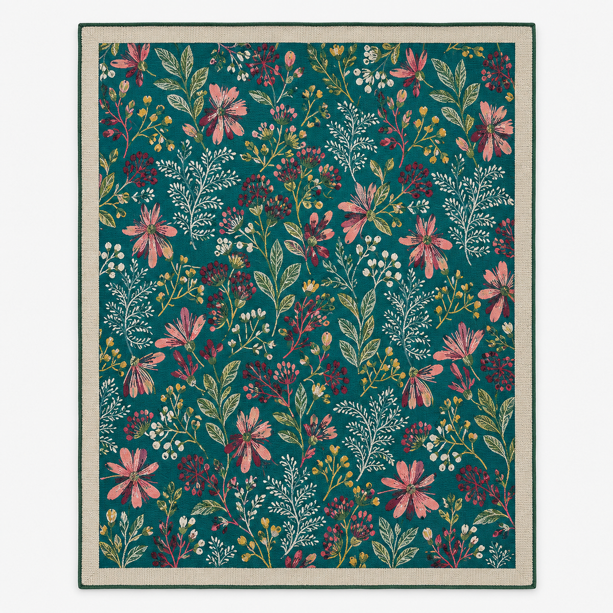 Cimalvo floral cotton jacquard blanket in teal floral, laid open flat on a plain white background