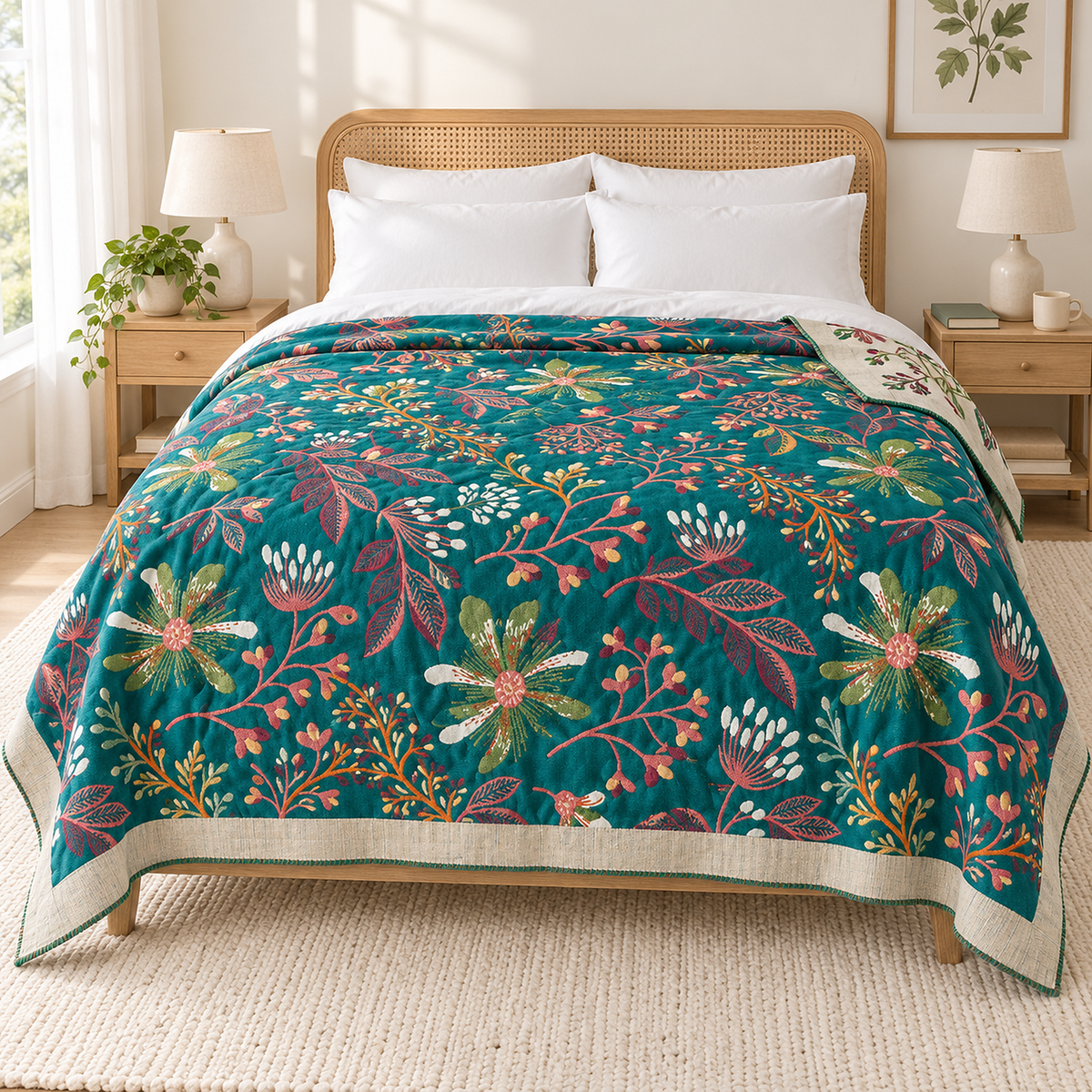 Cimalvo teal floral cotton throw blanket spread across a made queen bed with a pale ash headboard