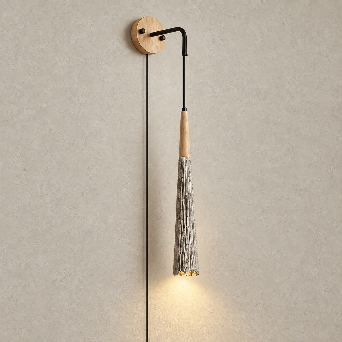 Cimessa wood color and cement gray bedside wall light model D lit on a plain plate with its slim tall shade