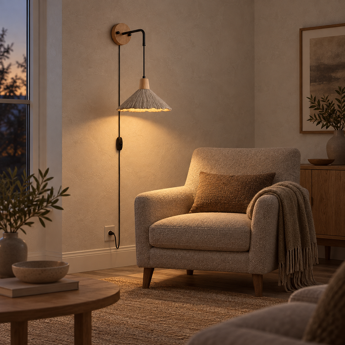 Cimessa wood color and cement gray bedside lamp pooling downward light onto a living room chair