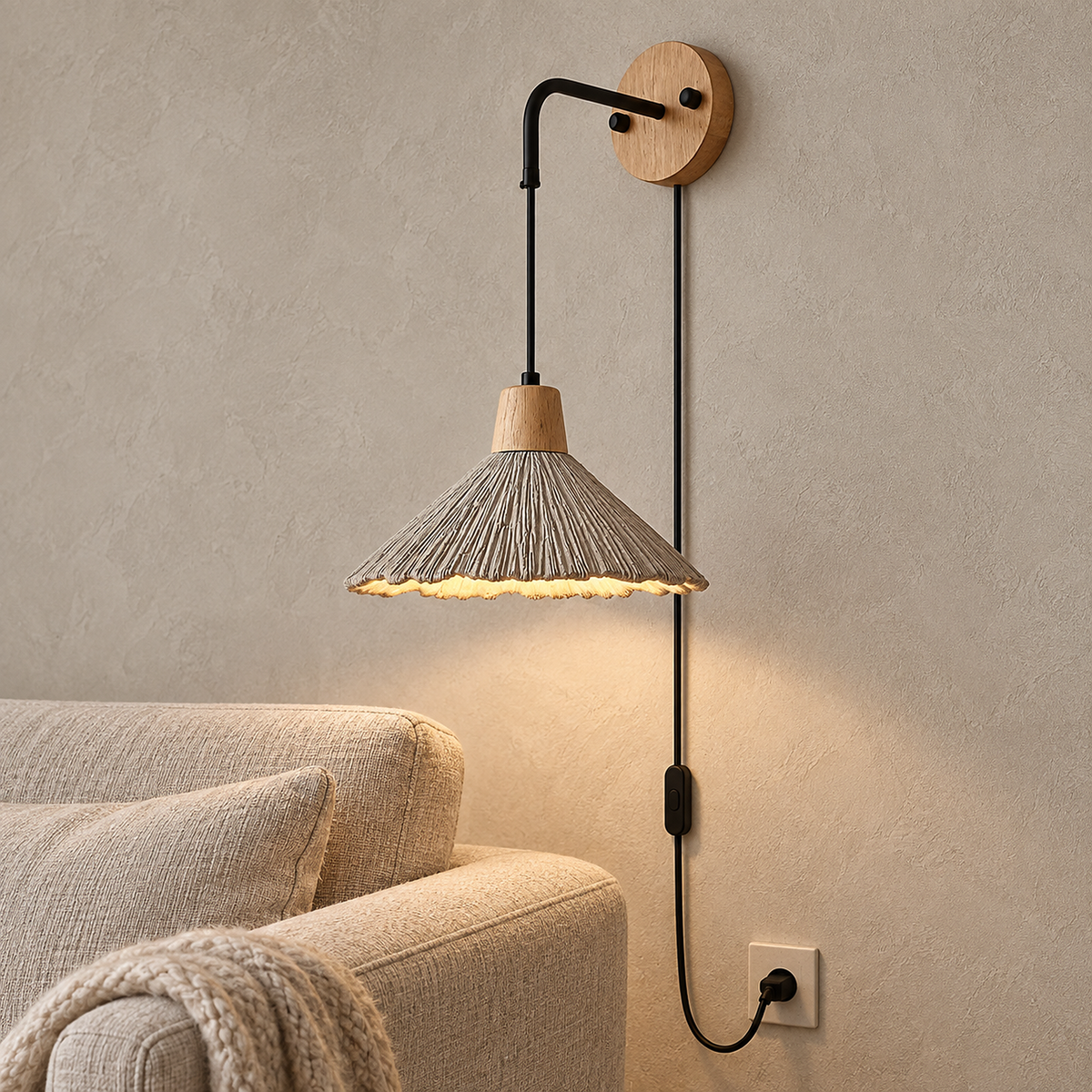 Cimessa wood color and cement gray wall sconce lighting a library seating nook by day