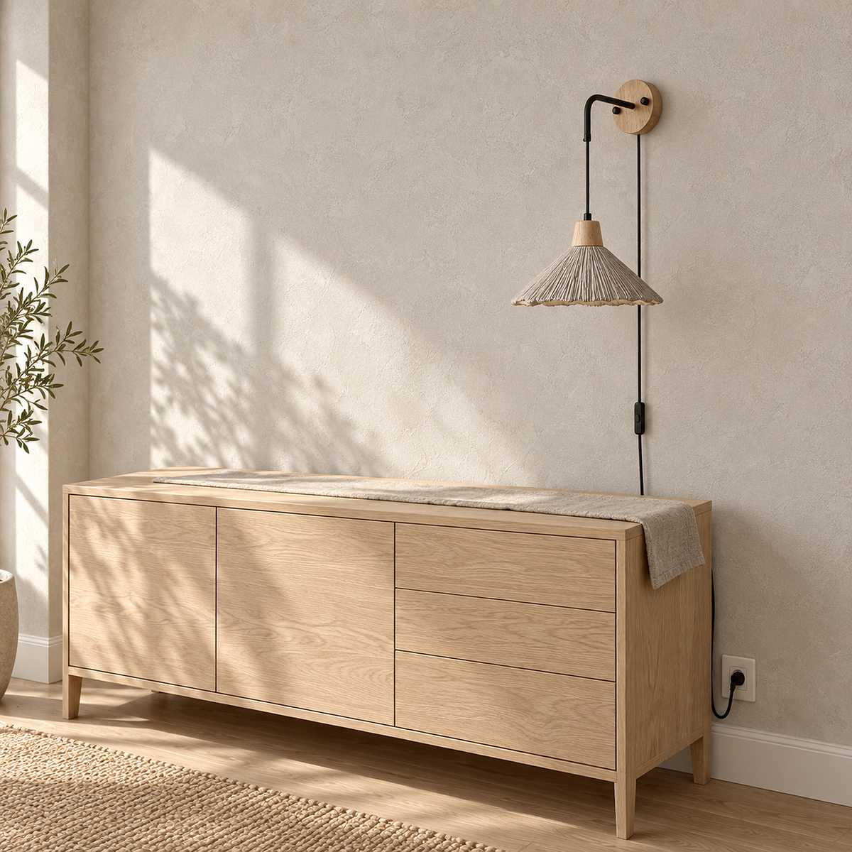 Cimessa wood color and cement gray wall sconce unlit above a dining room sideboard in daylight