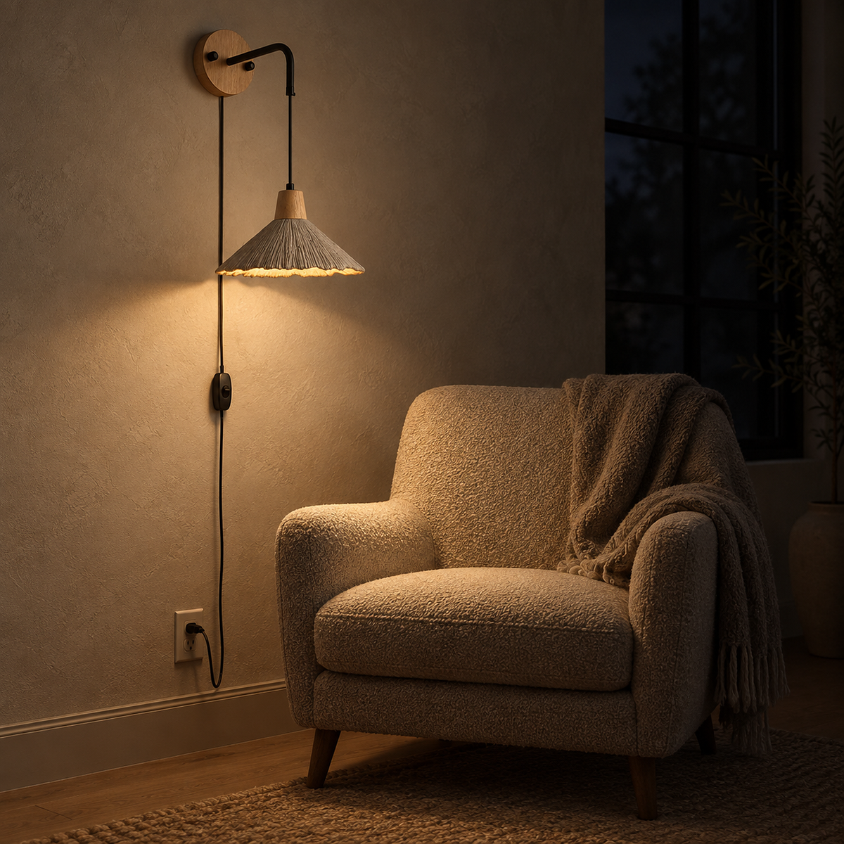 Cimessa wood color and cement gray plug in wall sconce casting warm light over a library chair at night
