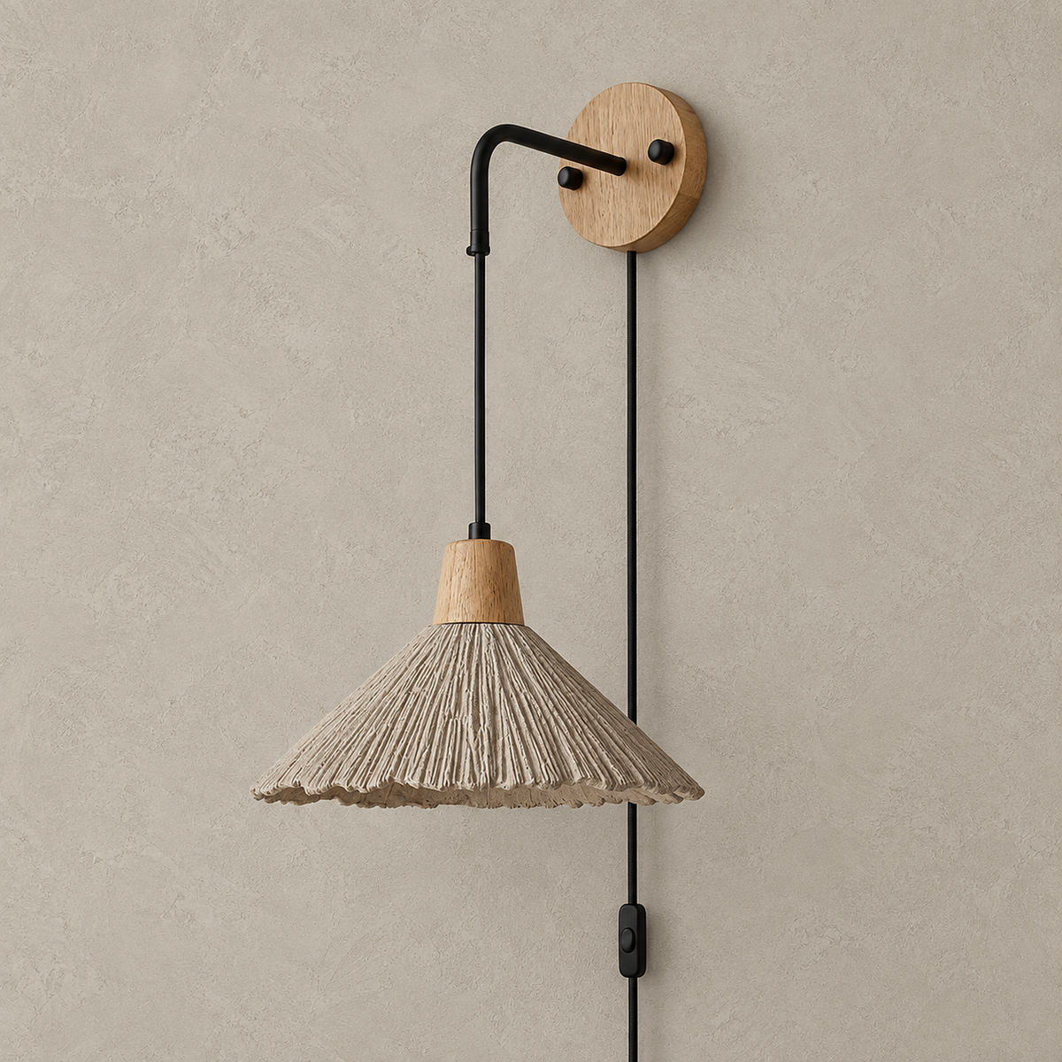 Cimessa wood color and cement gray plug in wall sconce switched off with its broad round shade
