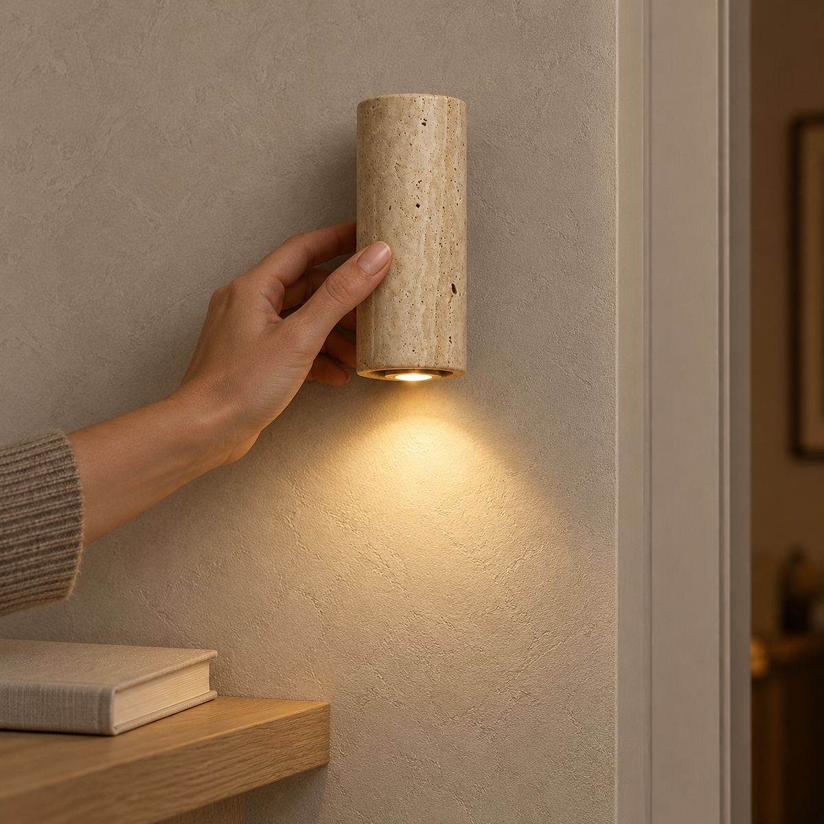 Cimorela narrow travertine wall light beside a hallway doorway edge, warm and low