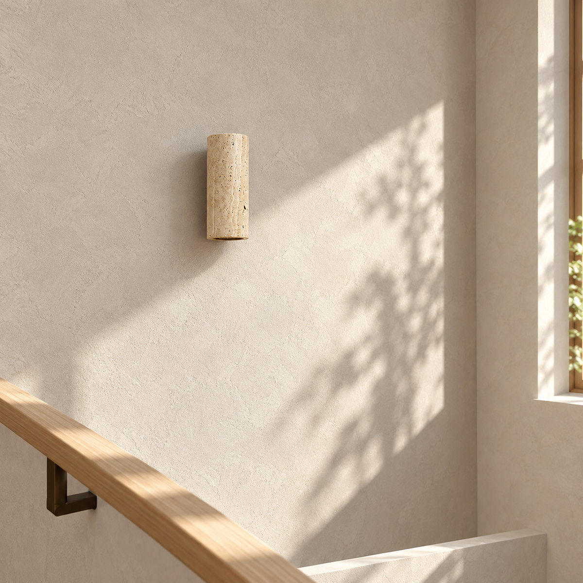 Cimorela small travertine wall lamp unlit beside a handrail on a stair landing