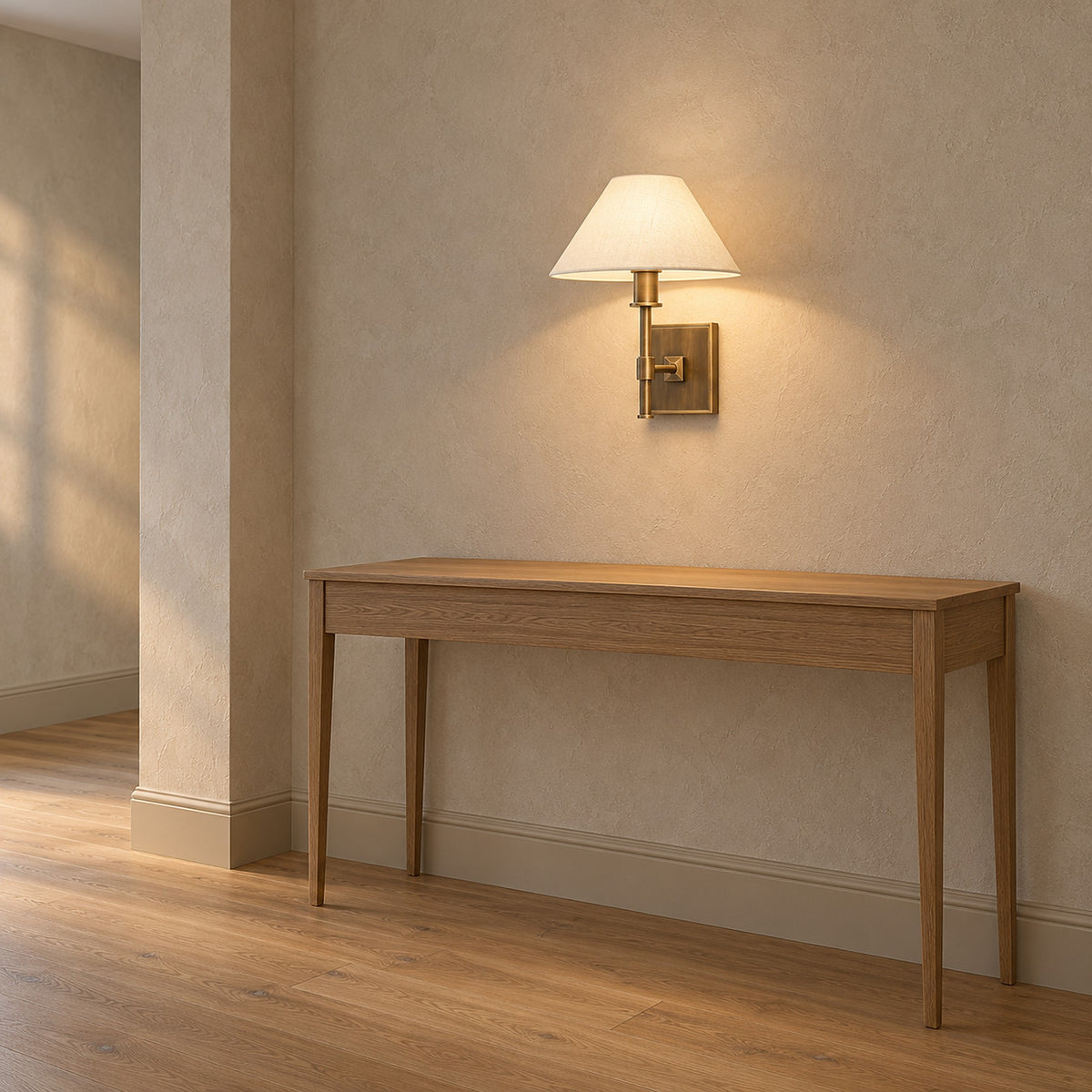 Ciralmo gold battery operated wall sconce in a hallway, fabric shade covering the E14 bulb