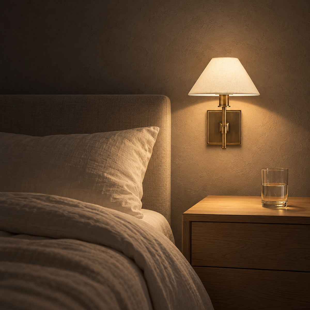 Ciralmo gold bedside wall light at night lighting the pillow and nightstand in a guest alcove