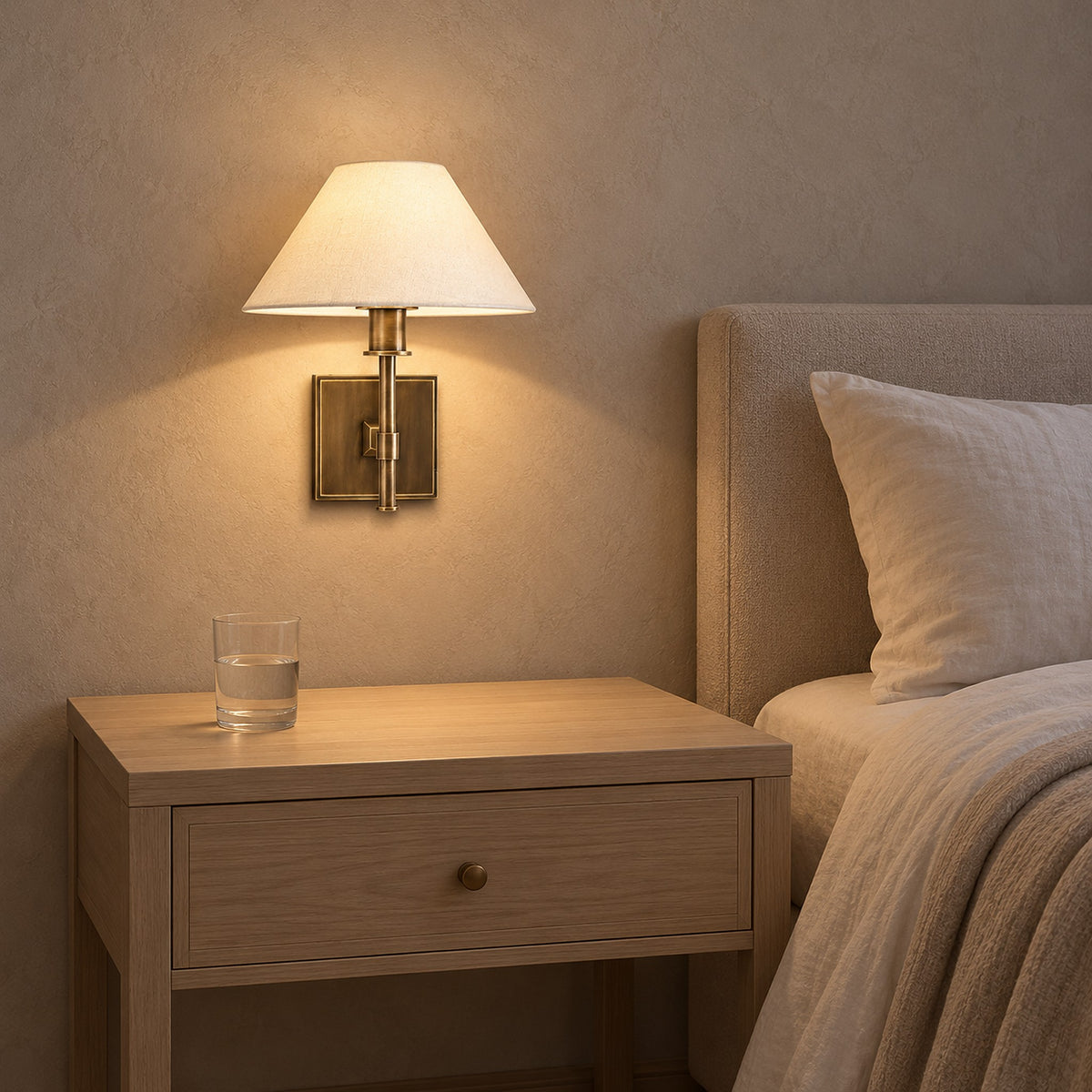 Ciralmo gold bedside wall light lit in a guest alcove, leaving the tabletop space free