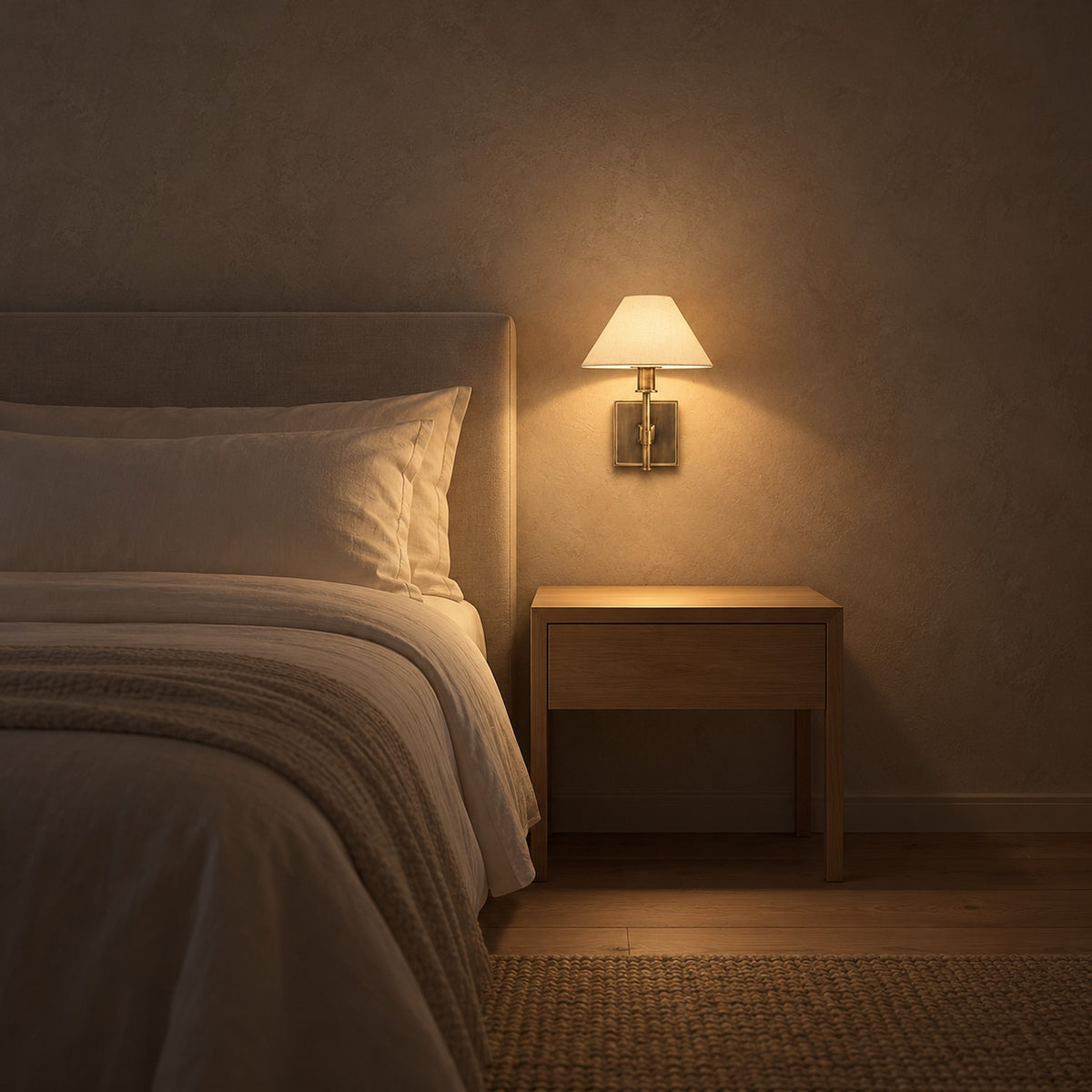 Ciralmo gold wall sconce lighting the plaster beside a bedroom headboard at night