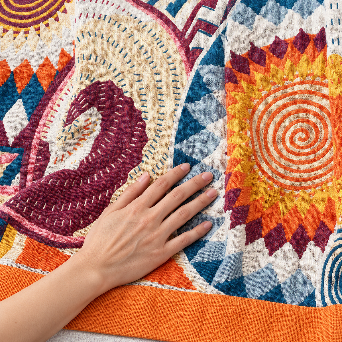 Ciranel cotton throw blanket in multicolored jacquard with a hand smoothing the woven face beside its orange edge
