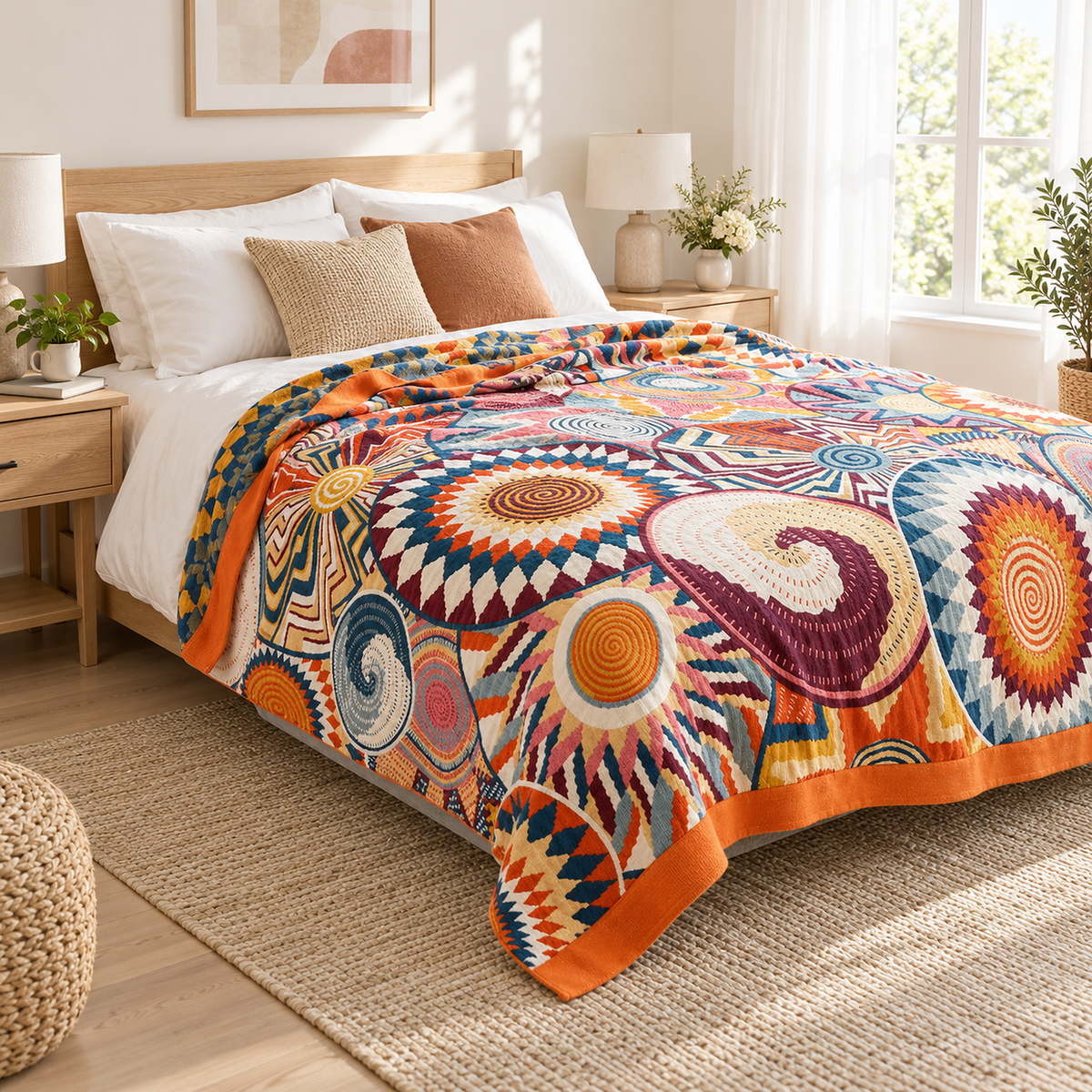 Ciranel soft throw blanket in multicolored & cotton with its orange border hanging beside a guest bed mattress