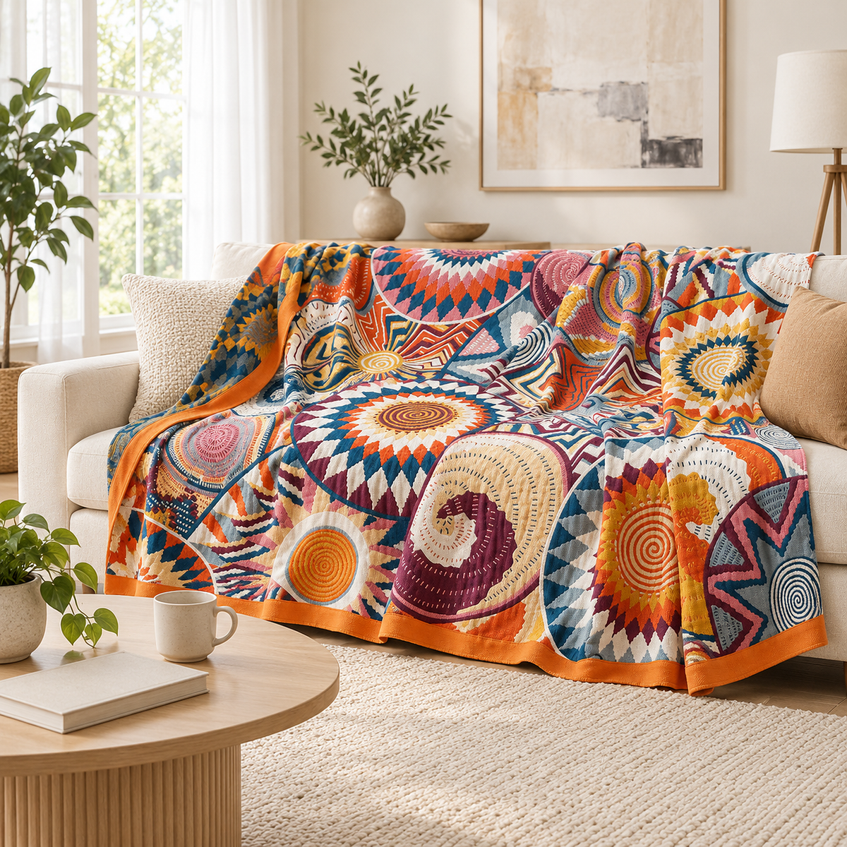 Ciranel throw blanket in multicolored & cotton draped open across an ivory sofa in a white living room