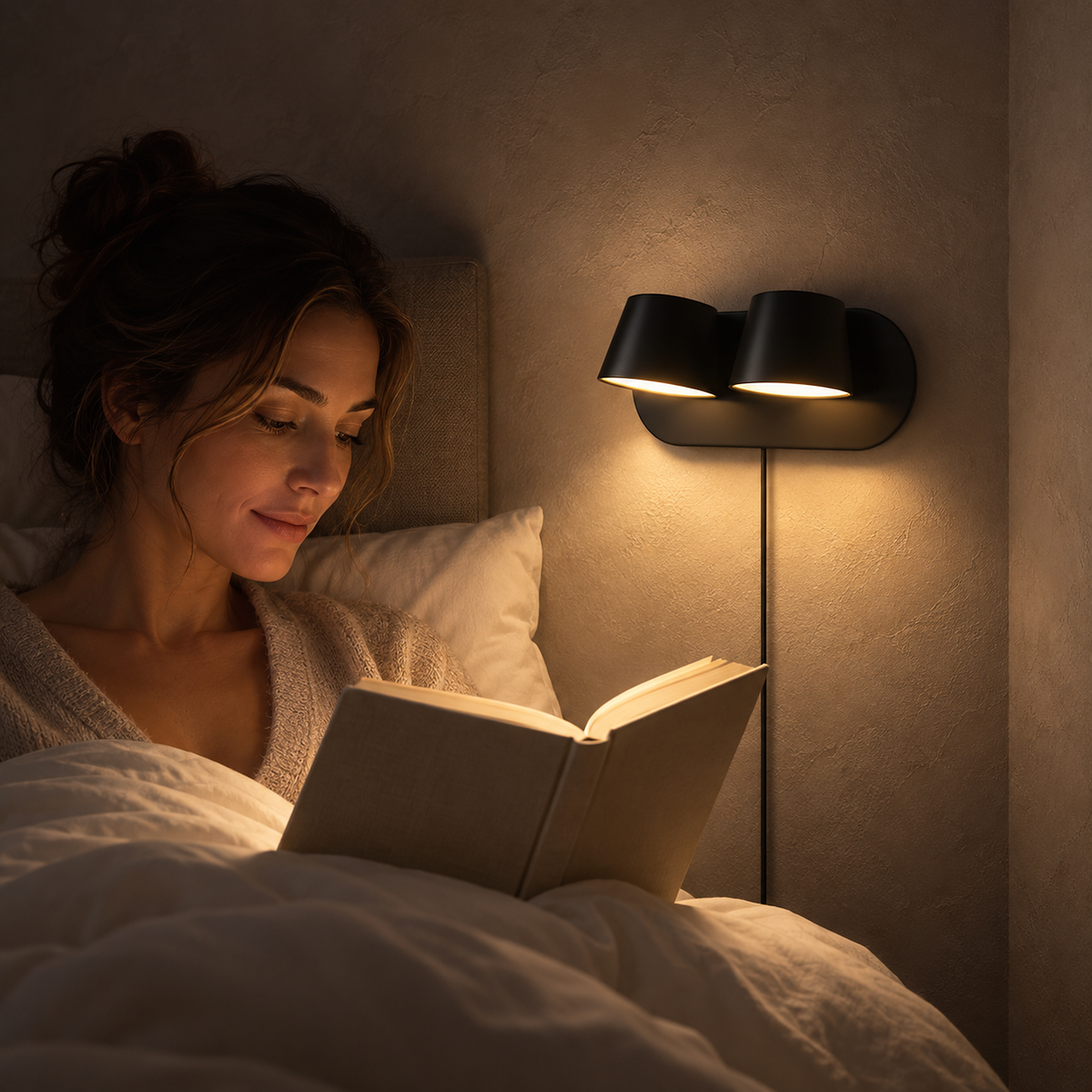 Cirelvo black bedside lamp lighting a reader and book in a guest bedroom at night
