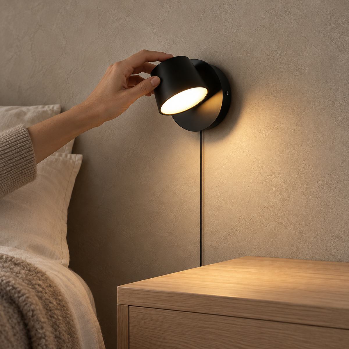 Cirelvo black single head bedside lamp glowing above a clear table beside a bed