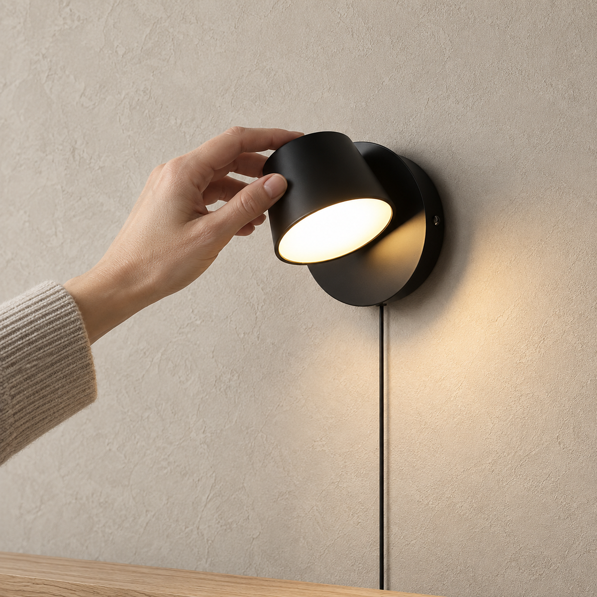 Cirelvo black single head LED wall sconce showing the mounting edge and cord in an entry alcove