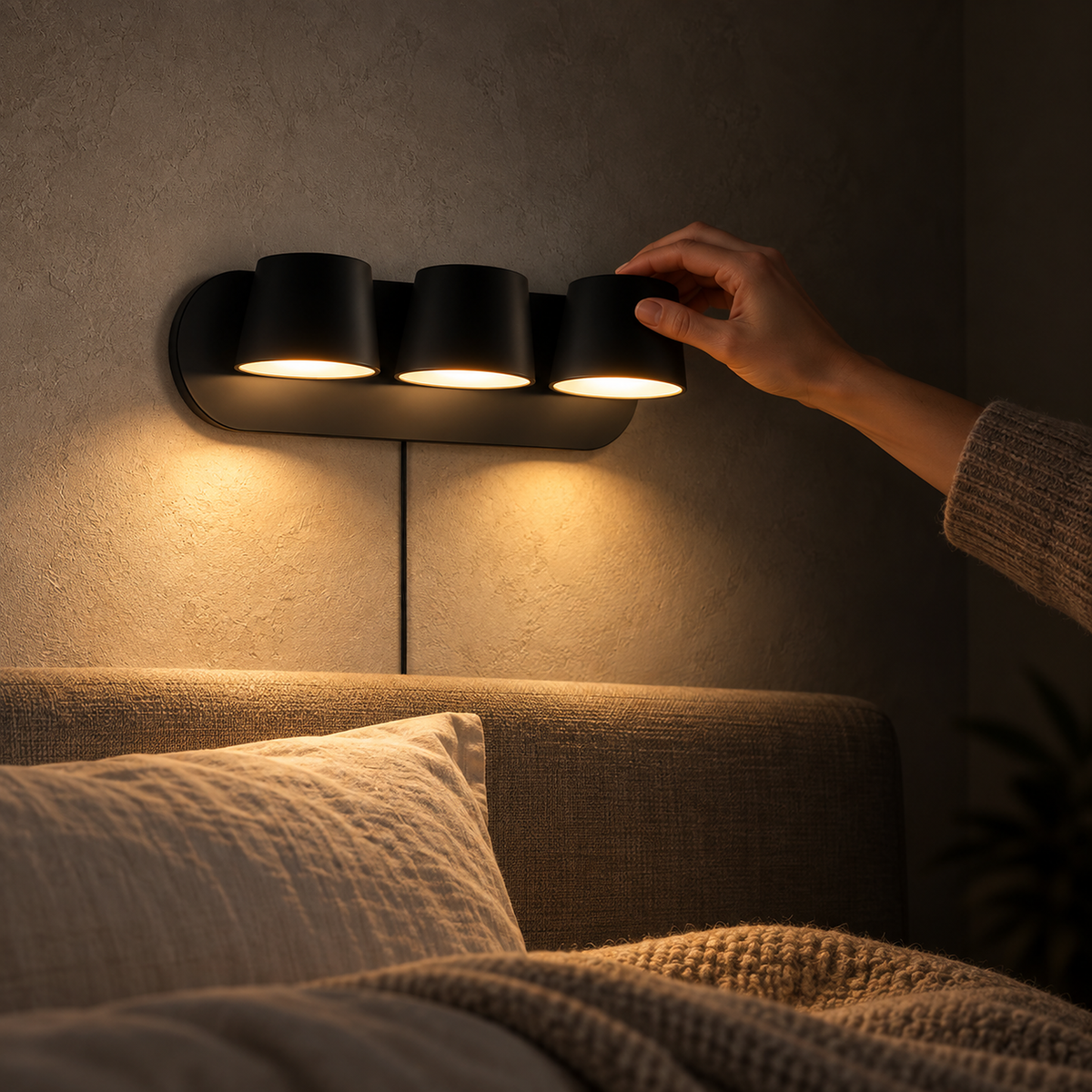 Cirelvo black three head bedside lamp washing warm light over a guest headboard at night