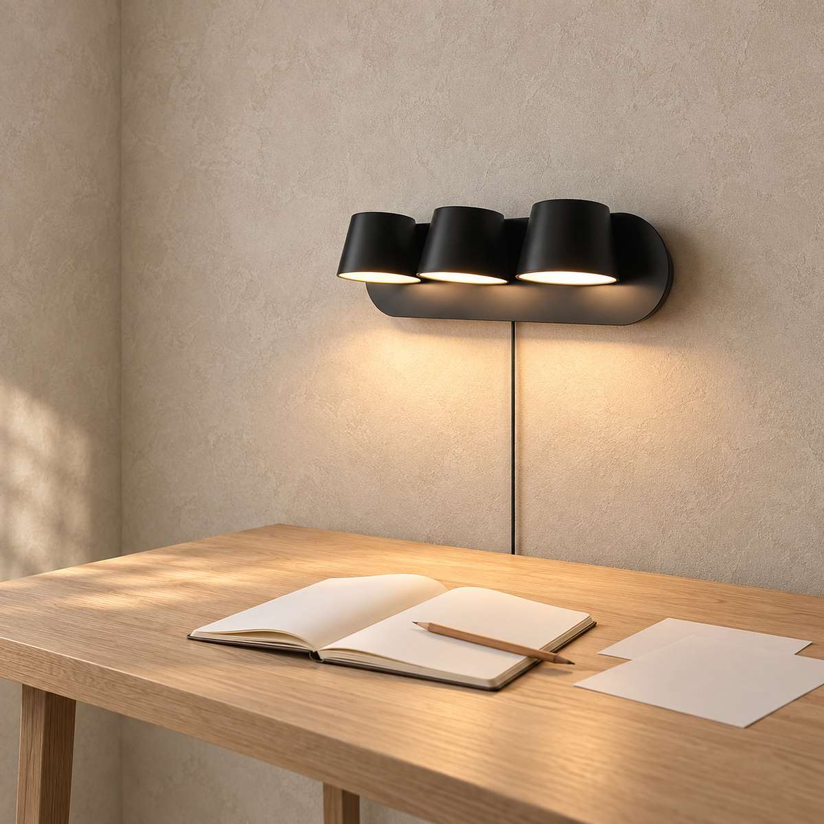 Cirelvo black three head LED wall sconce lighting a wider writing surface in a dining nook