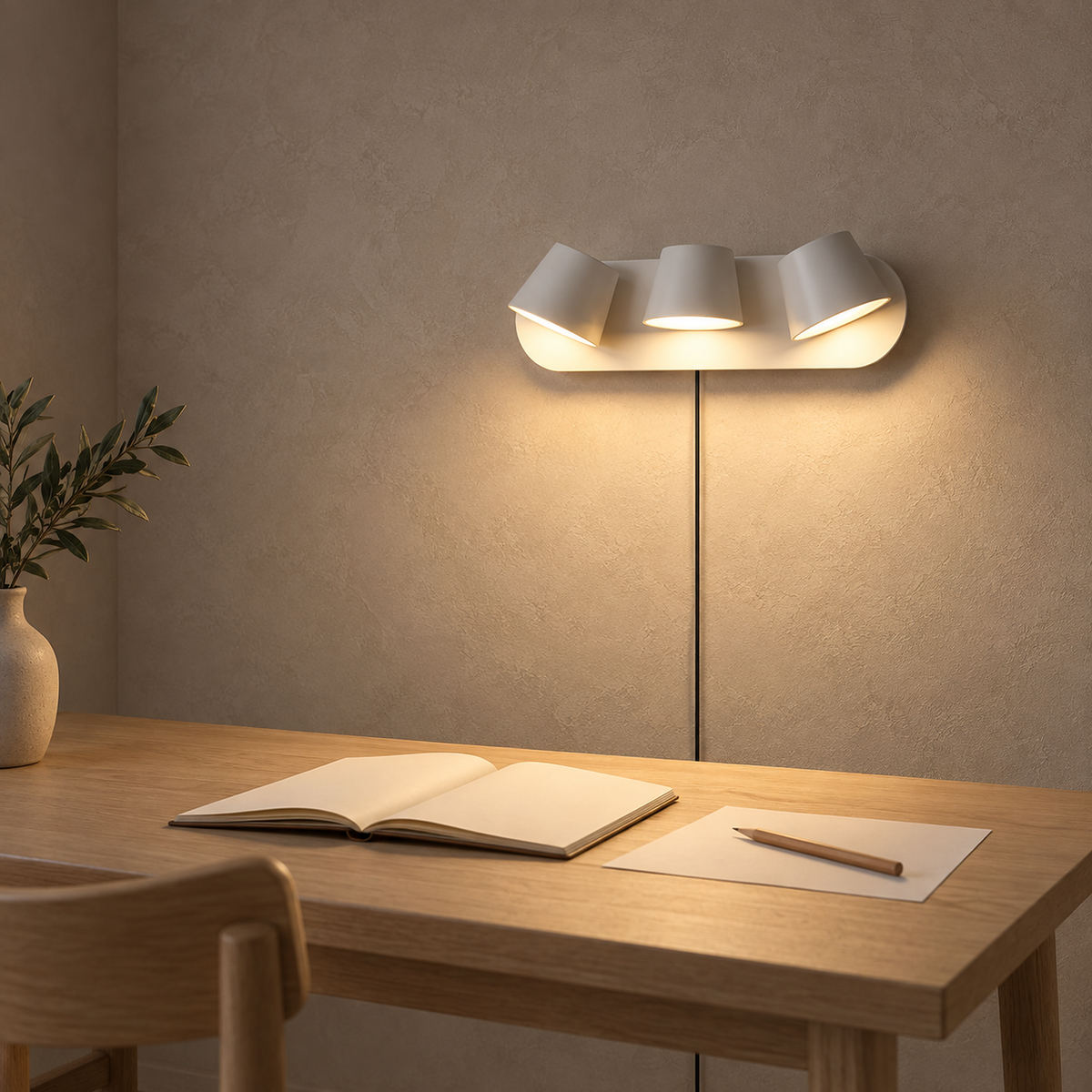 Cirelvo white three head LED wall sconce lighting a writing table in a dining room nook #color_white
