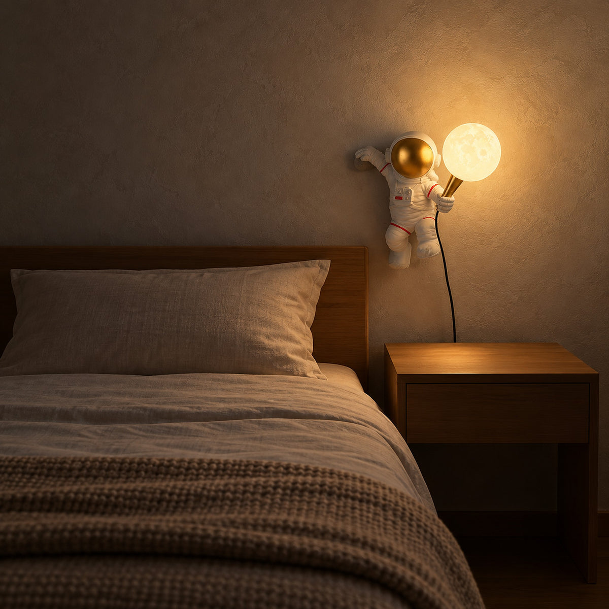 Ciremola white and gold bedside wall light, astronaut globe glowing beside a made bed in a kids bedroom