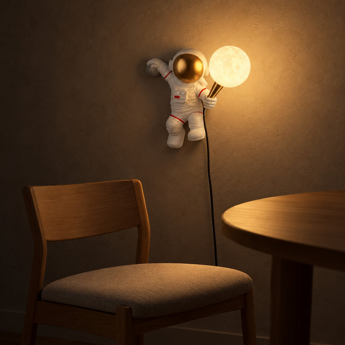 Ciremola white and gold wall light with its globe glowing in a dining nook after dark