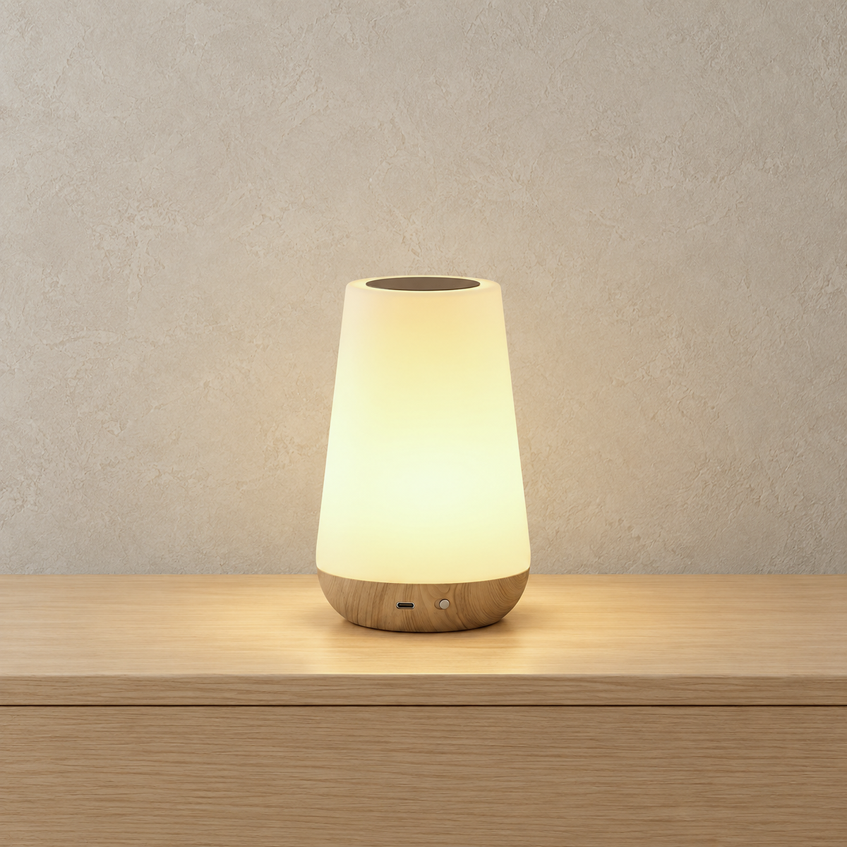 Cirmelva wood look battery operated table lamp model B lit on a plain studio backdrop