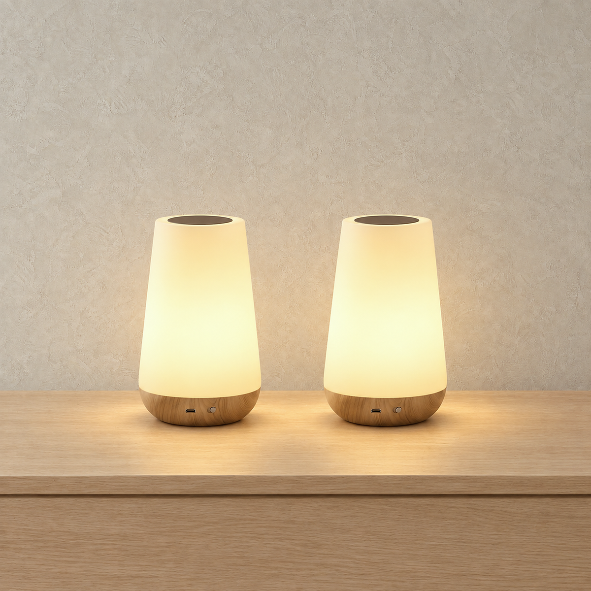 Cirmelva wood look battery operated table lamp model B shown as a lit set of two