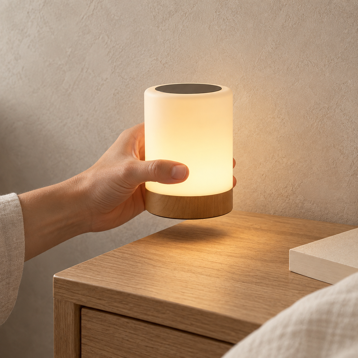 Cirmelva wood look cordless table lamp lit and lifted by hand from a bedside surface