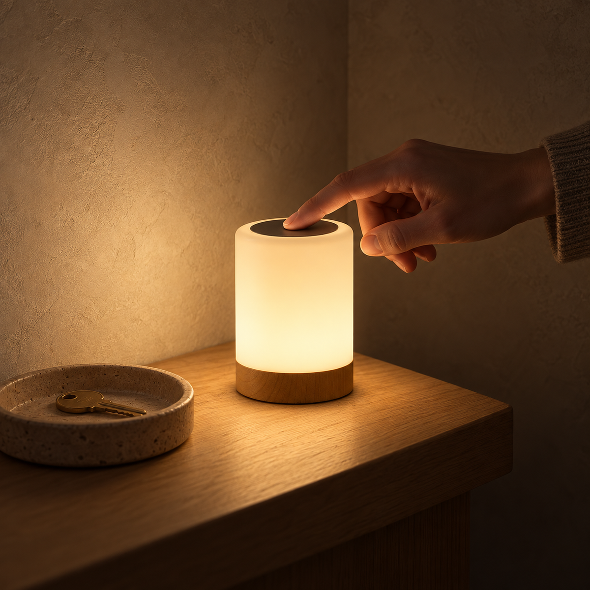Cirmelva wood look portable table lamp lighting an entryway after dark