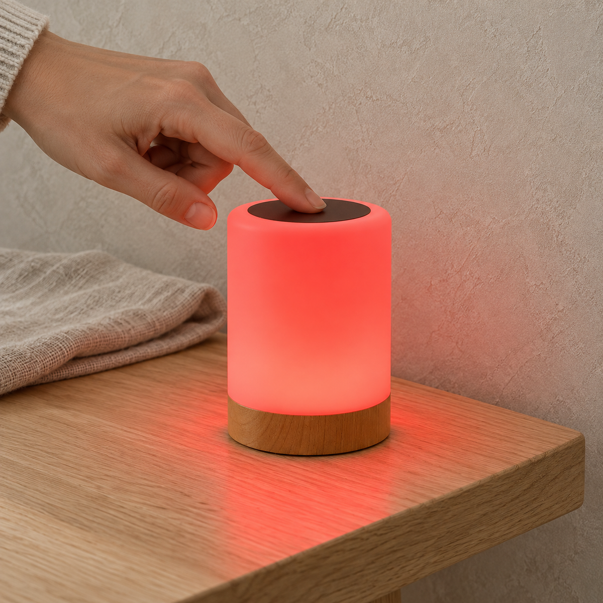 Cirmelva wood look rechargeable table lamp glowing red as a fingertip taps the touch panel