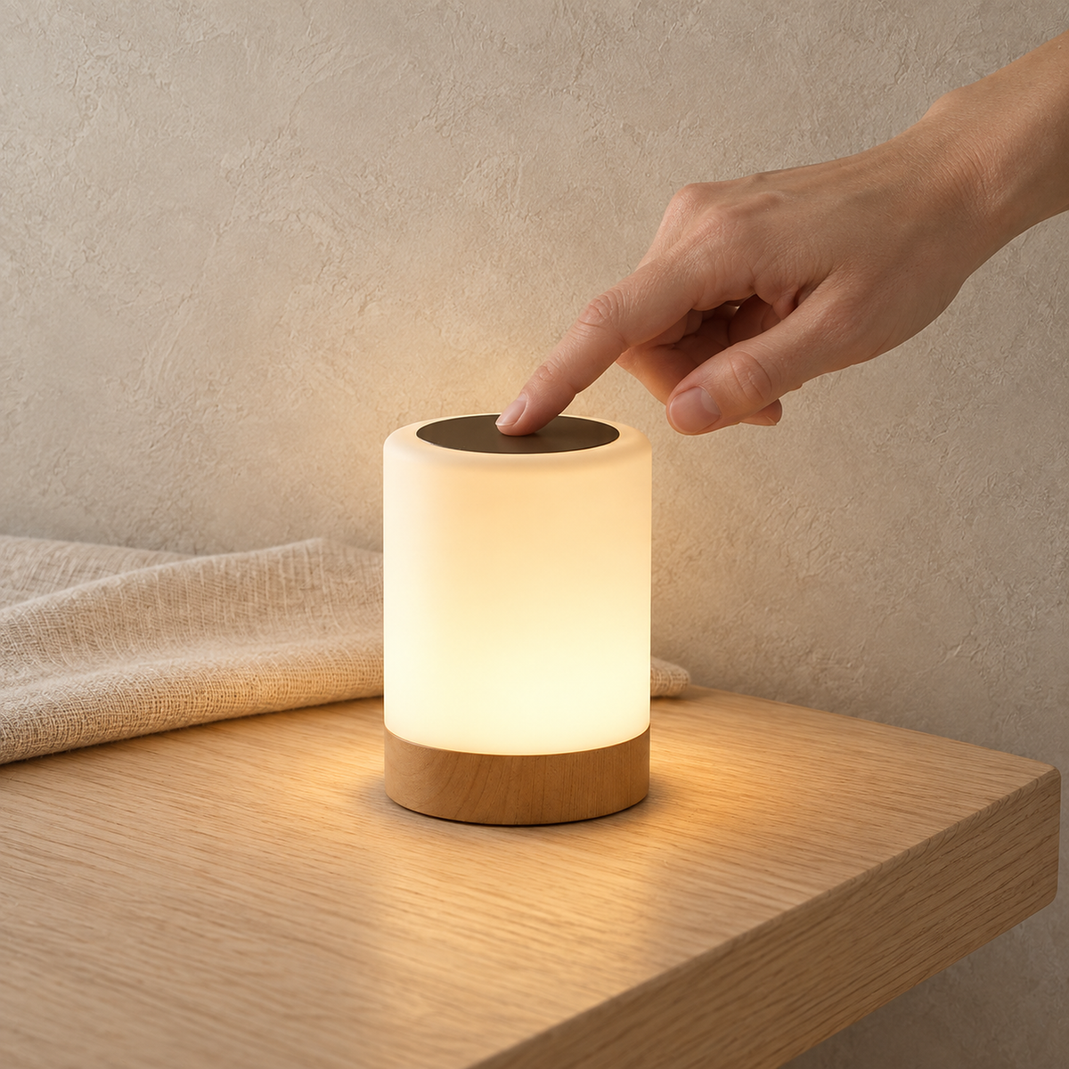 Cirmelva wood look rechargeable table lamp lit showing its dark top touch panel