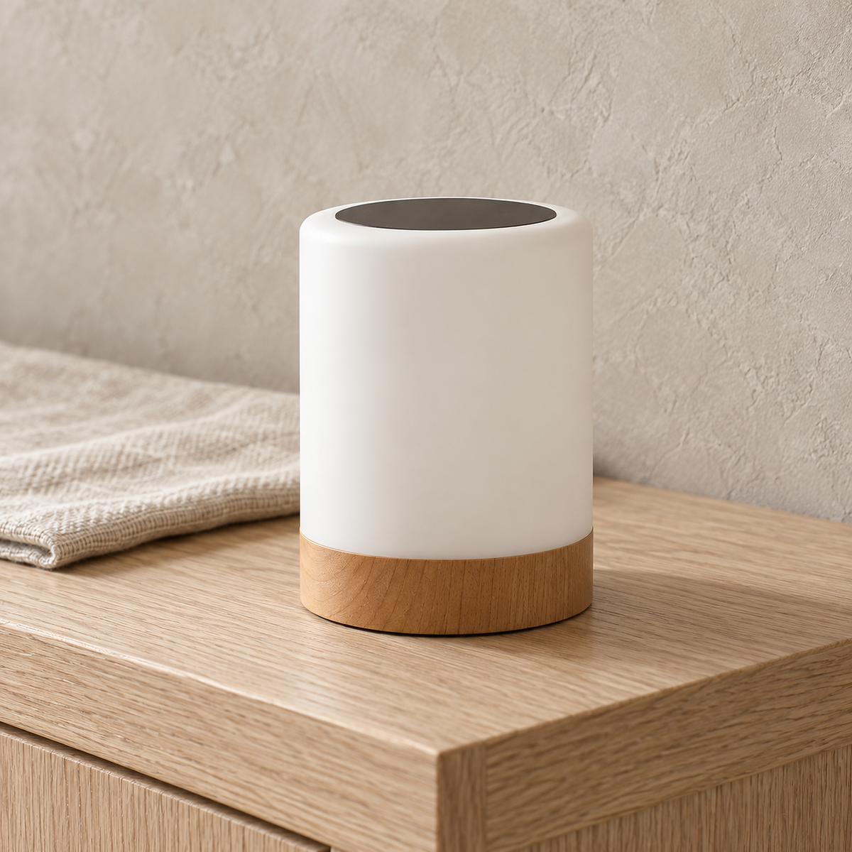 Cirmelva wood look table lamp close up on the two layer filter shade and wood look base