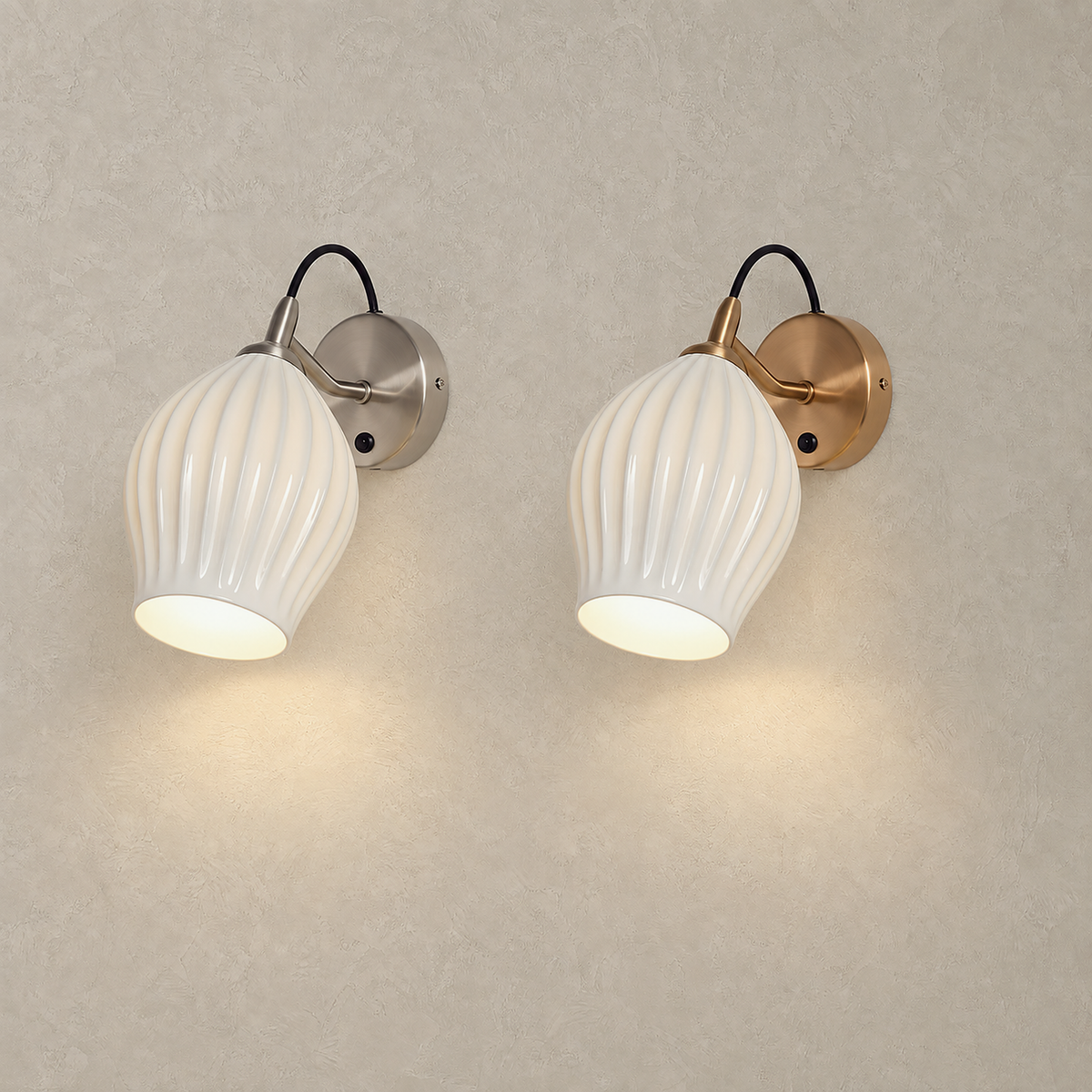 Comirel chrome and copper wall sconces lit side by side with matching white shades