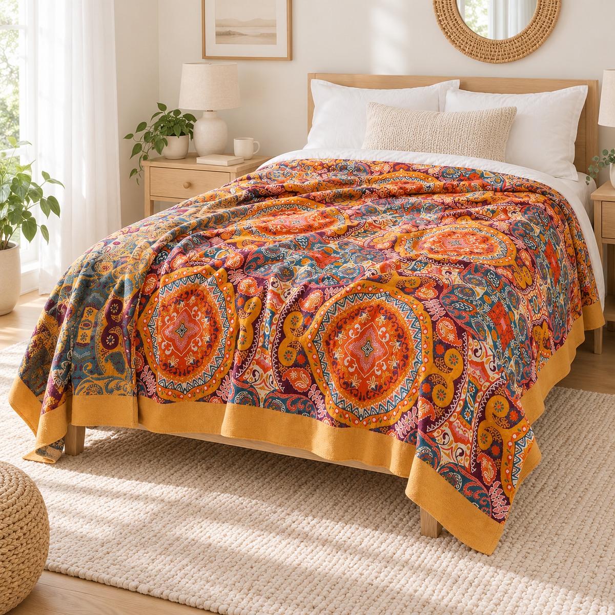 Corameli orange red and teal blue cotton throw blanket covering a made bed in a bright ivory bedroom