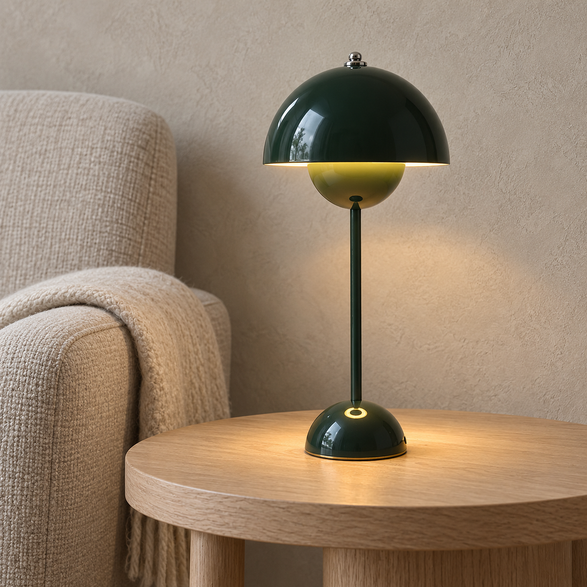 Coremila green cordless table lamp glowing warm white beside a library chair