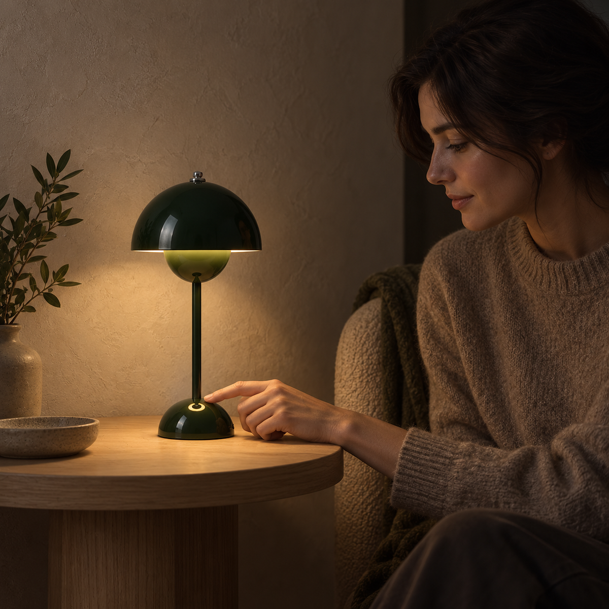 Coremila green cordless table lamp switched on by touch beside a seated adult in a library at night