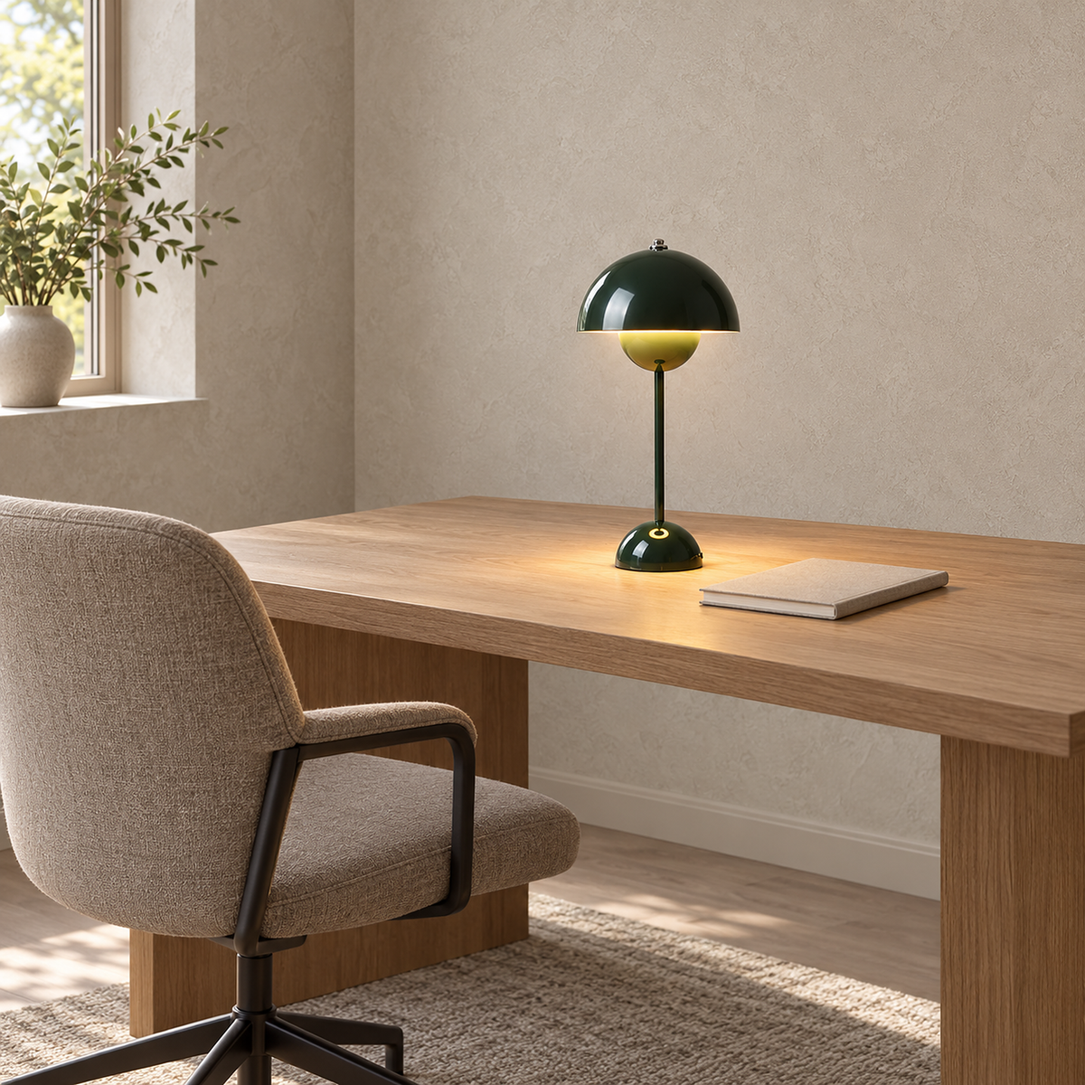 Coremila green rechargeable table lamp glowing on a clear home office desk