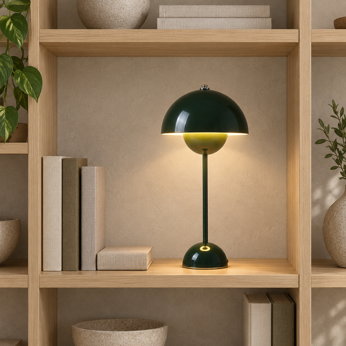 Coremila green rechargeable table lamp glowing on an open library bookshelf by day
