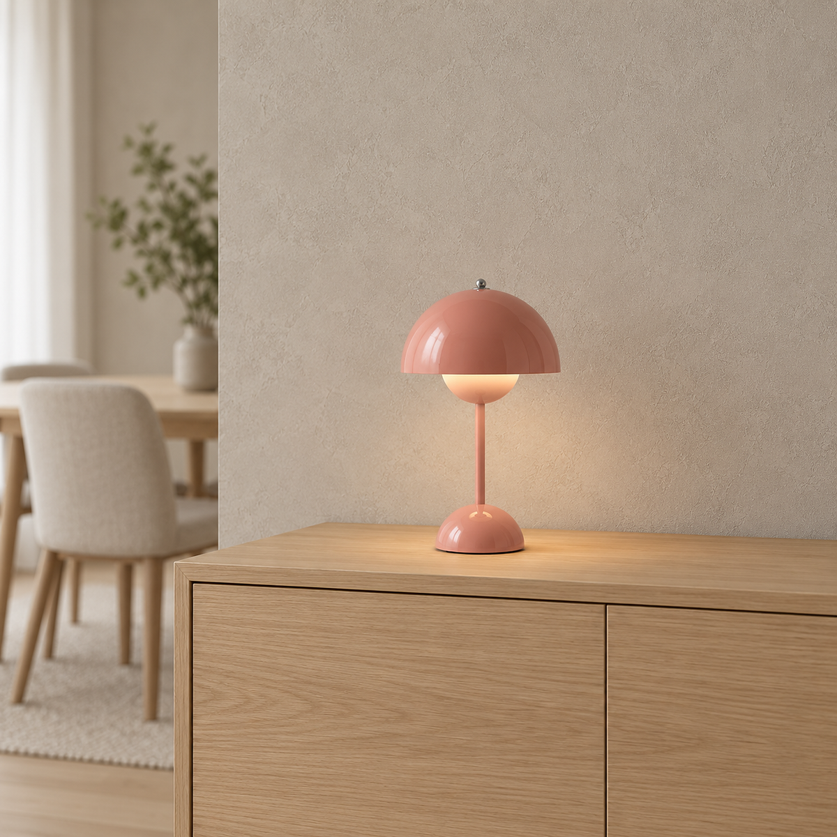 Coremila hot pink portable table lamp glowing on a dining room sideboard by day #color_hot pink